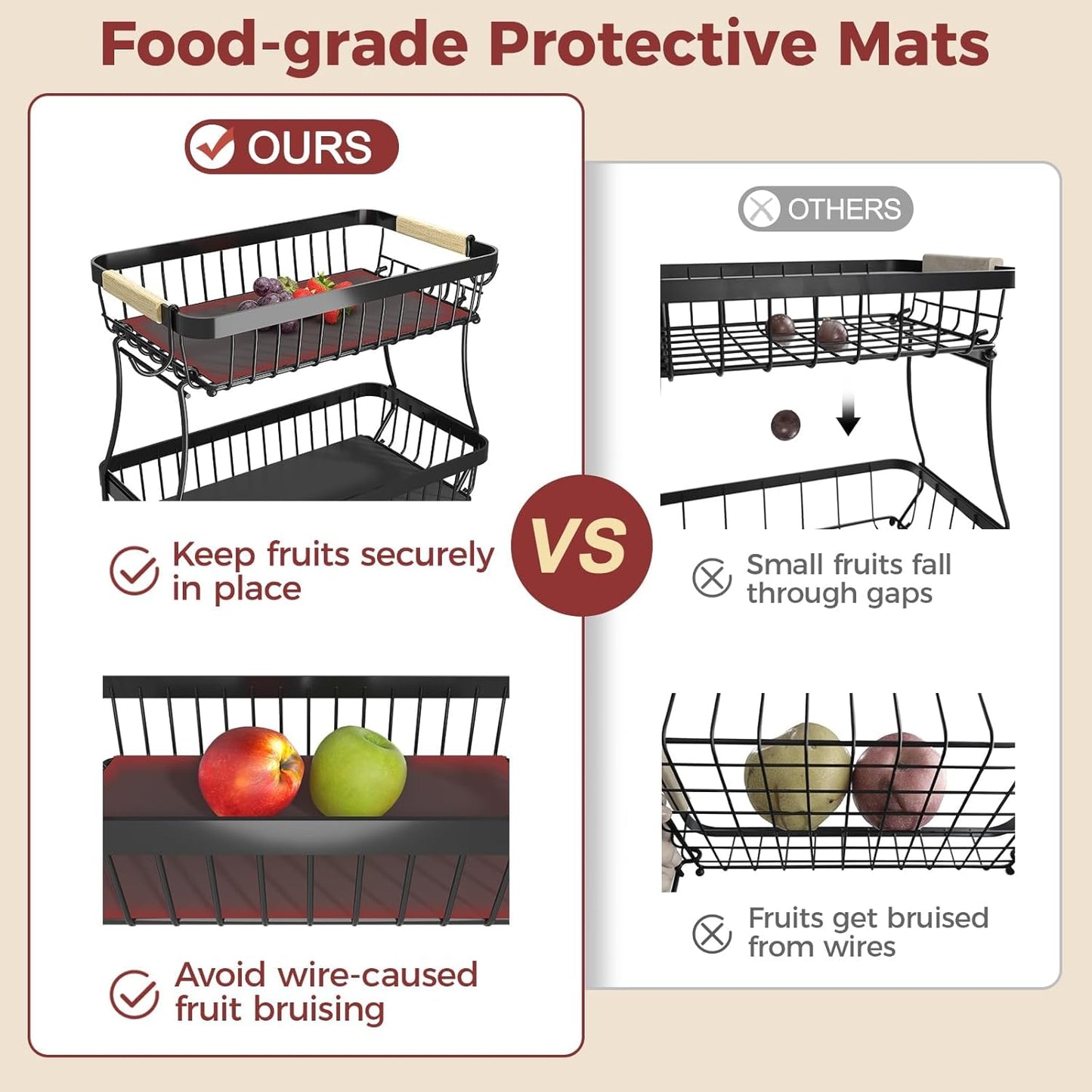 Sevenblue 2-Tier Fruit Basket with Banana Hangers, Detachable Metal Bowl | Wooden handle, protective mats included. Versatile holder for bread, snacks, and veggies. Large 2 tier metal design.