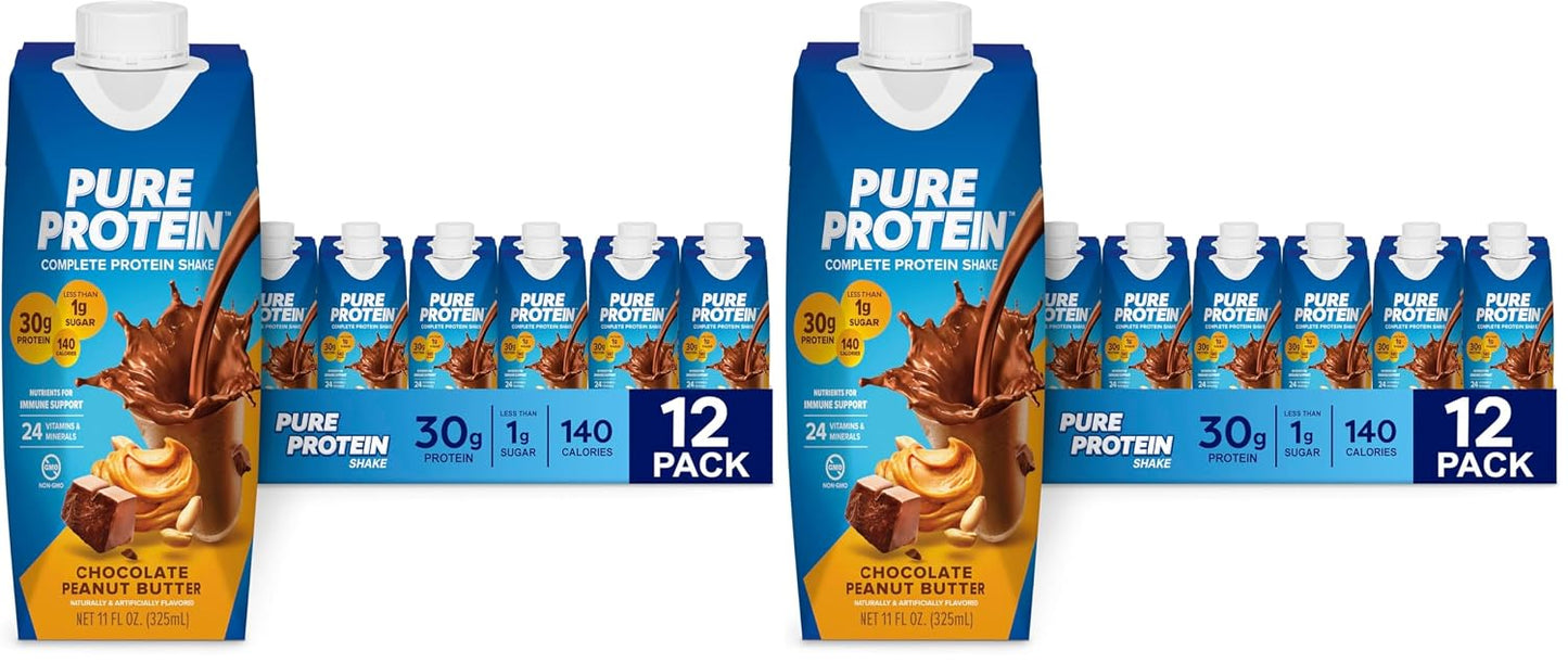 Pure Protein Chocolate Protein Shake, 30g Complete Protein, Ready to Drink and Keto-Friendly, Vitamins A, C, D, and E plus Zinc to Support Immune Health, 11oz Bottles, 12 Pack