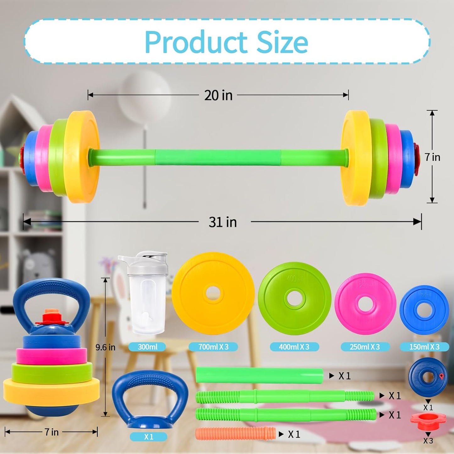 3-in-1 Kids Fitness Set with Adjustable Barbell and Kettlebell