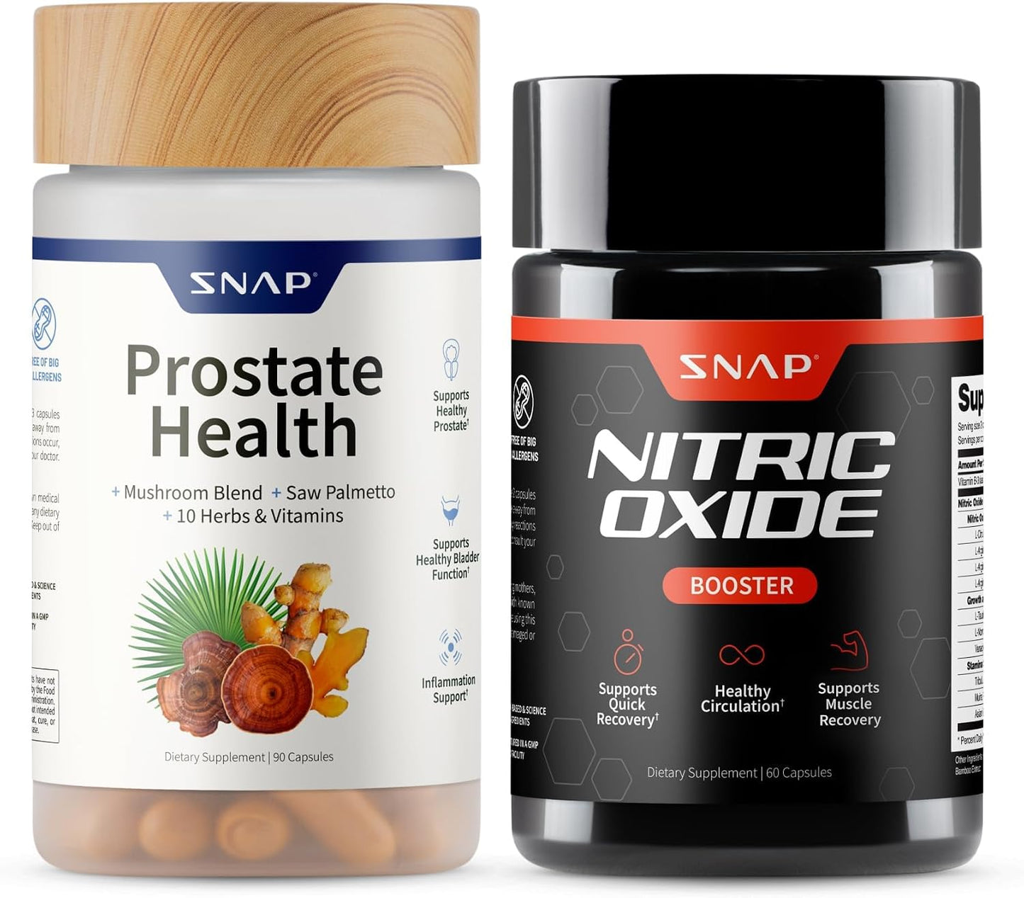 Snap Supplements Nitric Oxide Booster + Prostate Health Supplements for Men, Circulation, Stamina & Urinary Support, L-Citrulline, L-Arginine, Saw Palmetto for Men, Caffeine-Free, 60 + 90 Capsules