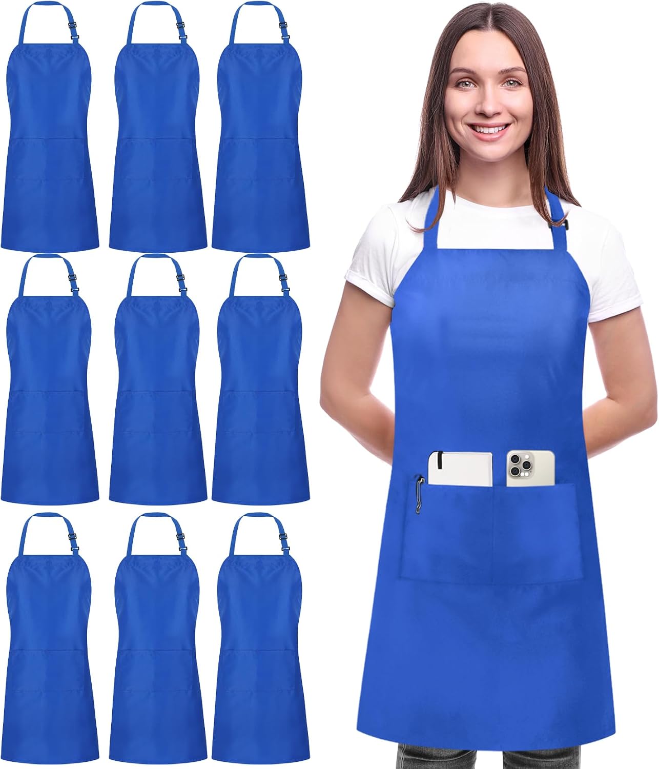 Utopia Kitchen 10 Pack Bib Apron Adjustable with 2 Pockets, Water and Oil Resistant, Cooking Kitchen Chef Apron for Women Men