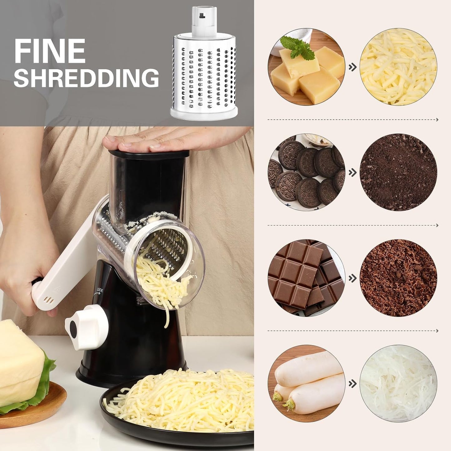 Cambom Rotary Cheese Grater Hand Crank Cheese Shredder, Black | for Fresh Cheese, Vegetable, Nuts,Non-slip Suction Base, Three Blades