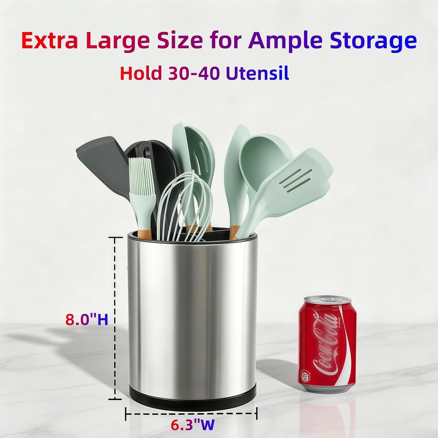 Kitchen Utensil Holder,Extra Large 360°Rotating For Countertop Organizer | Stainless Steel Storage,Hold 40 Utensils,Cooking Silverware Caddy 3 Compartment Spoon Spatula Tool Container(Silvery)