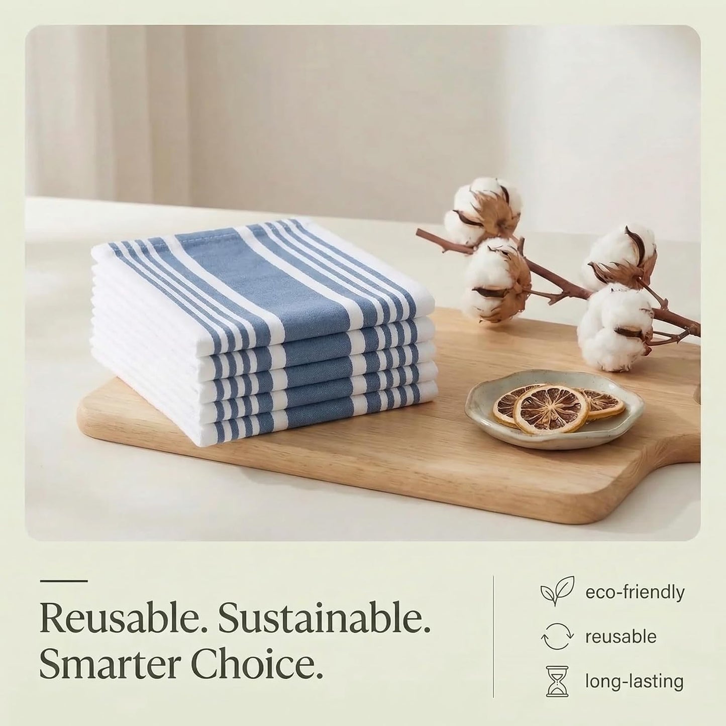 Urban Villa Kitchen Towels 100% Cotton Dish Towels for Kitchen (Set of 6) 20”x30” Dish Cloths Highly Absorbent Kitchen Linen Set with Hanging Loop Perfect for Drying Dishes Cleaning Towels-Blue White