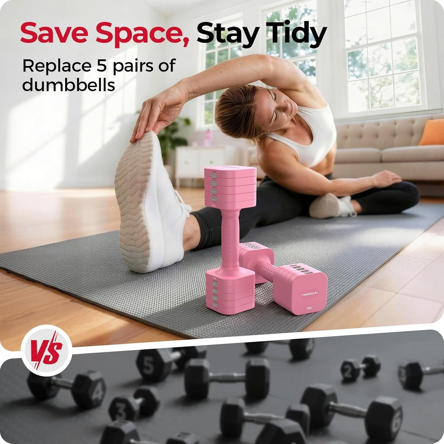 FEIERDUN DB3 Adjustable Dumbbell Set of 2, 5-in-1 Hand Weights for Women and Men