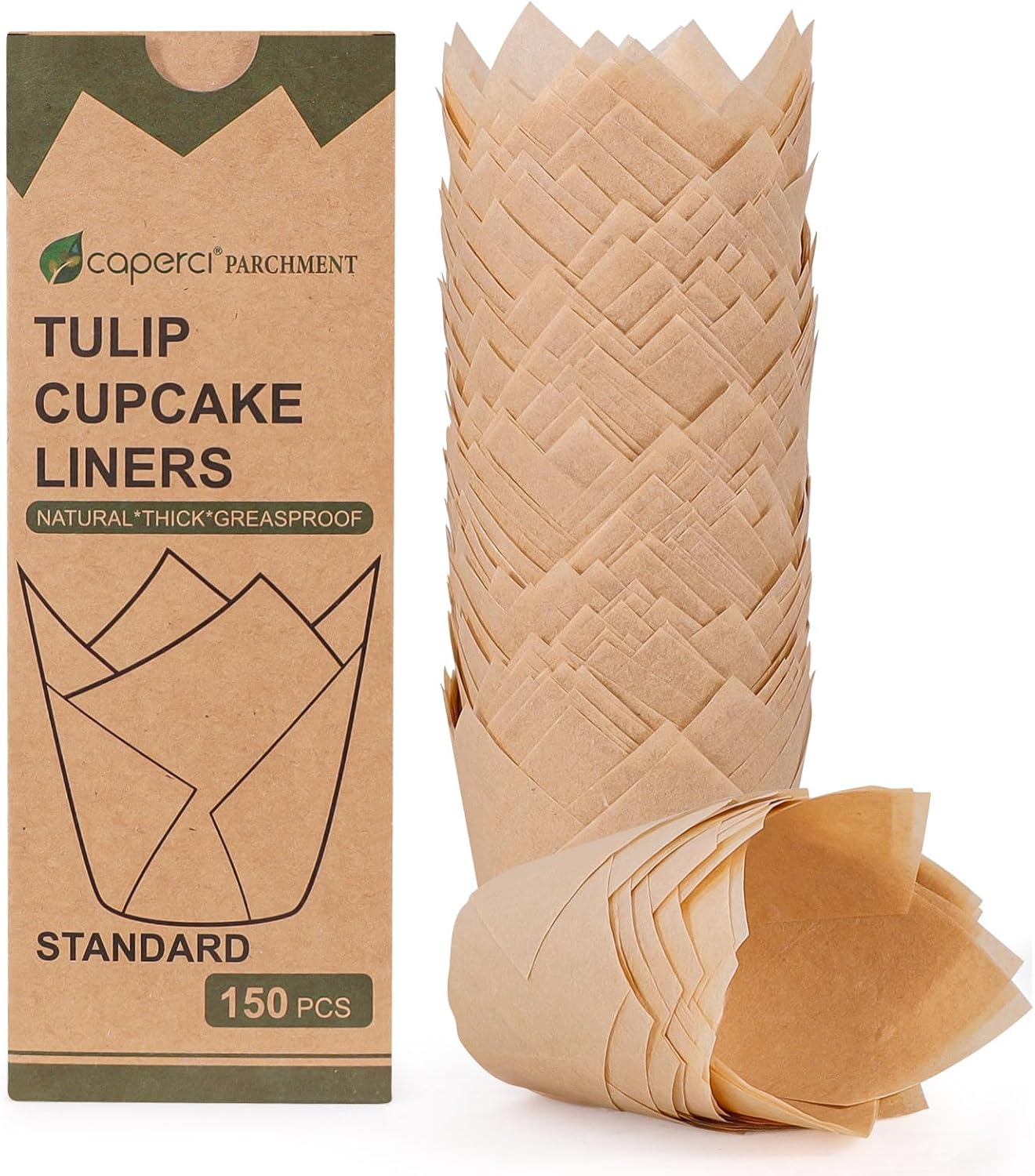 Caperci 150pcs Natural Tulip Cupcake Liners Unbleached European Parchment Paper Baking Cups Muffin Liners for Party, Wedding, Christmas, Birthday