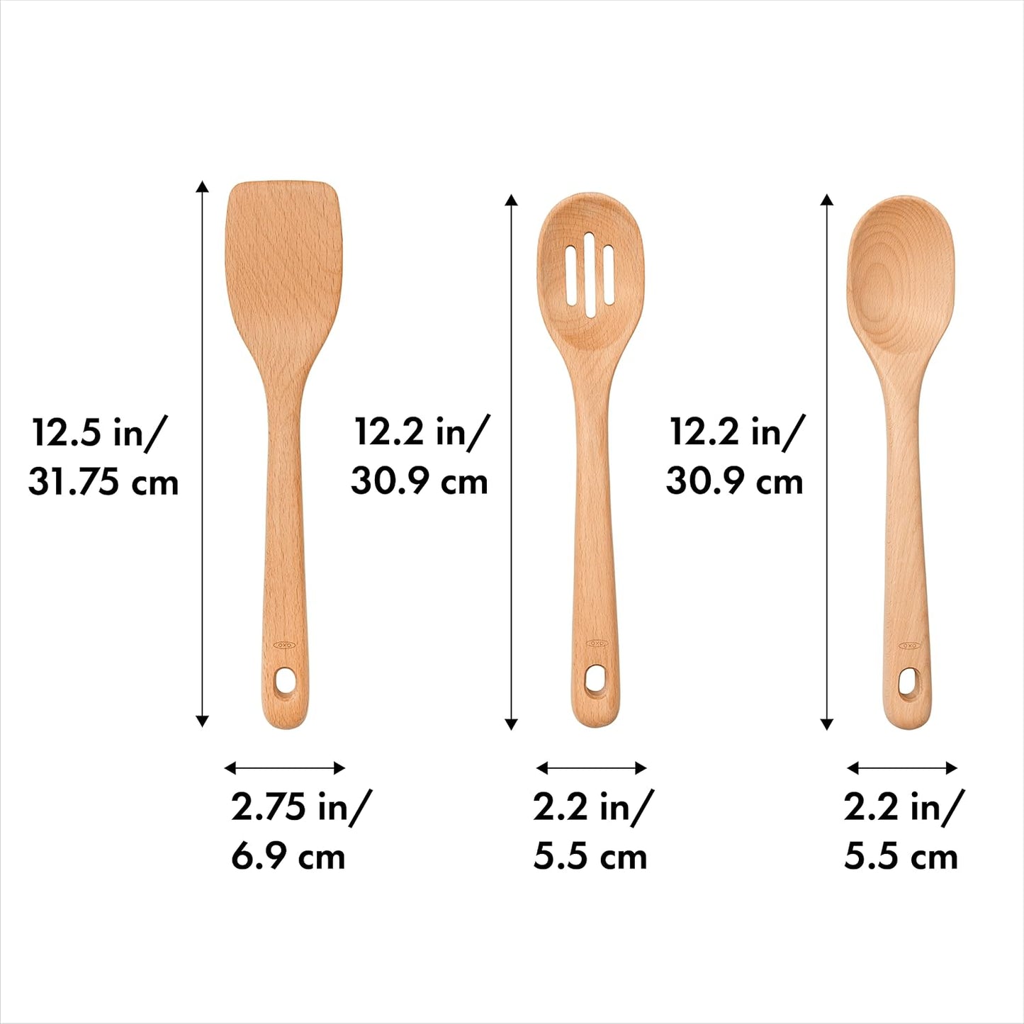 OXO Good Grips 3‑Piece Wooden Utensil Set, Solid Beachwood Spoon, Slotted Spoon and Turner