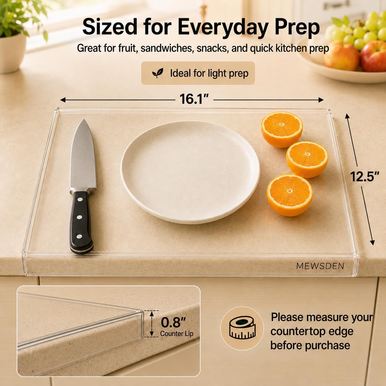 Acrylic Cutting Board with Counter Lip, Clear Cutting Boards for Countertop Protector, Non-Slip Cutting Board for Kitchen Counter, Aesthetic Kitchen Decor Gadgets House Warming Gifts(16.1"x12.5")