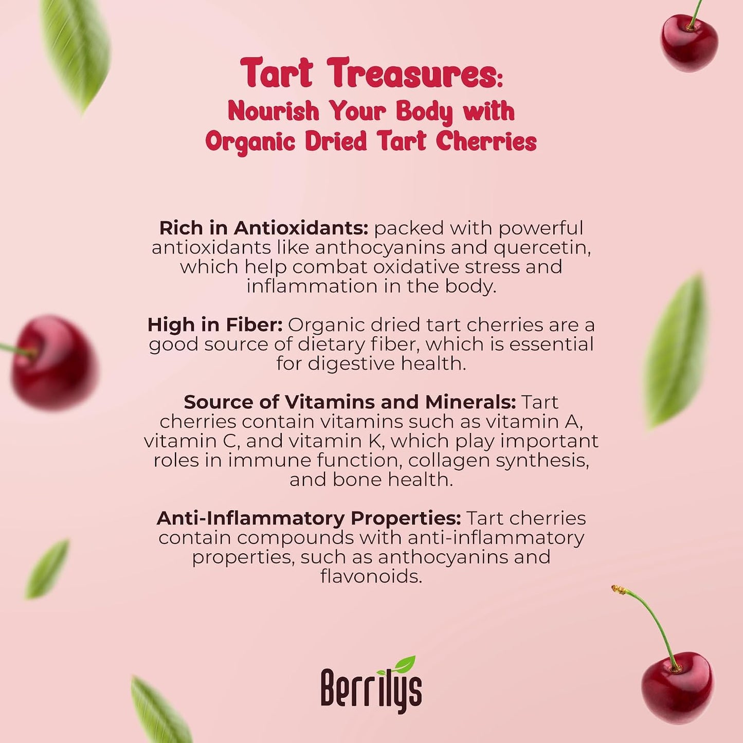 Berrilys Organic Dried Tart Cherries, 1 lb, Pitted, Non-GMO, Kosher, Unsulfured, No Added Sugar