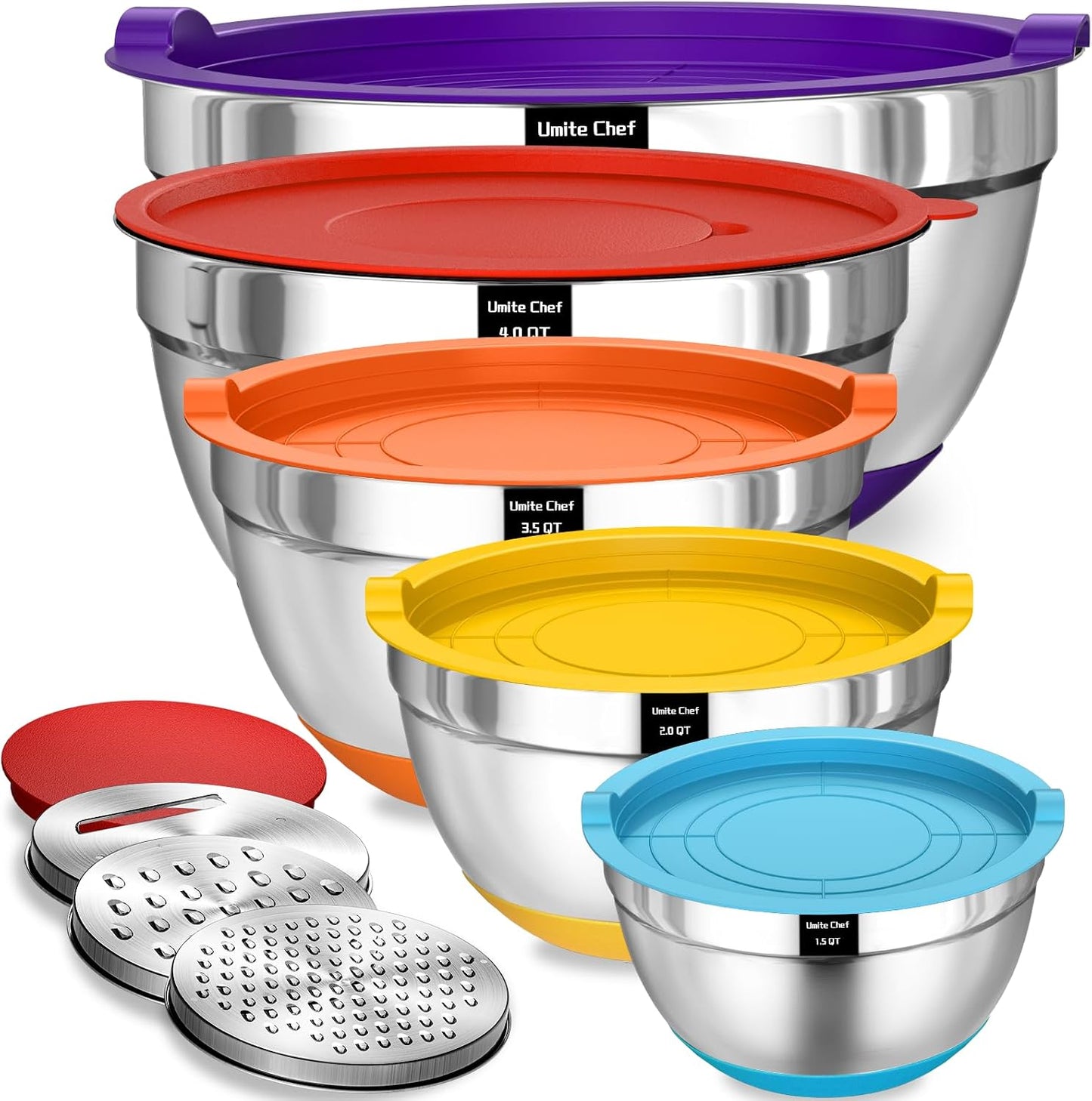 Umite Chef Mixing Bowls with Airtight Lids Set, 8PCS Stainless Steel Nesting Bowls with Grater Attachments, Non-Slip Bottoms, 5, 4, 3.5, 2, 1.5QT for Mixing & Serving