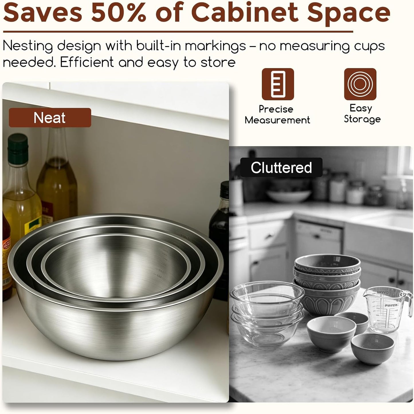 Gronivex Stainless Steel Mixing Bowls Set, 3-Piece (1.5, 2.2 & 3.4 Qt) | Food-Grade Metal, Dishwasher safe,Stackable Nesting & Space-Saving – For Kitchen Baking, Salads, Meal Prep, RV & Camping