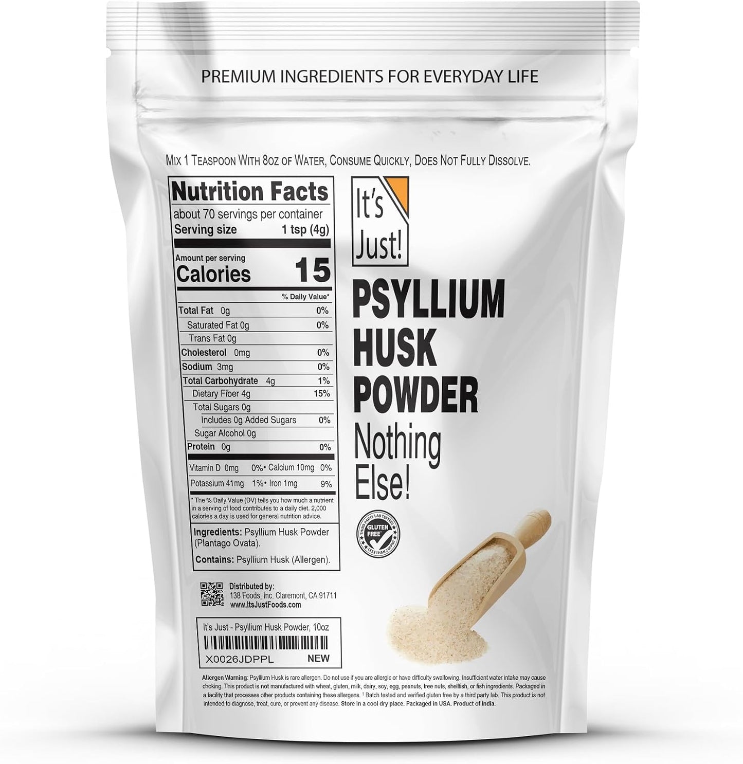It's Just! - Psyllium Husk Powder, GLP-1 Friendly, Easy Mixing Dietary Fiber, Cleanse Your Digestive System, Finely Ground Powder, Ideal for Keto Baking, Non-GMO (Unflavored, 10oz (Pack of 1))