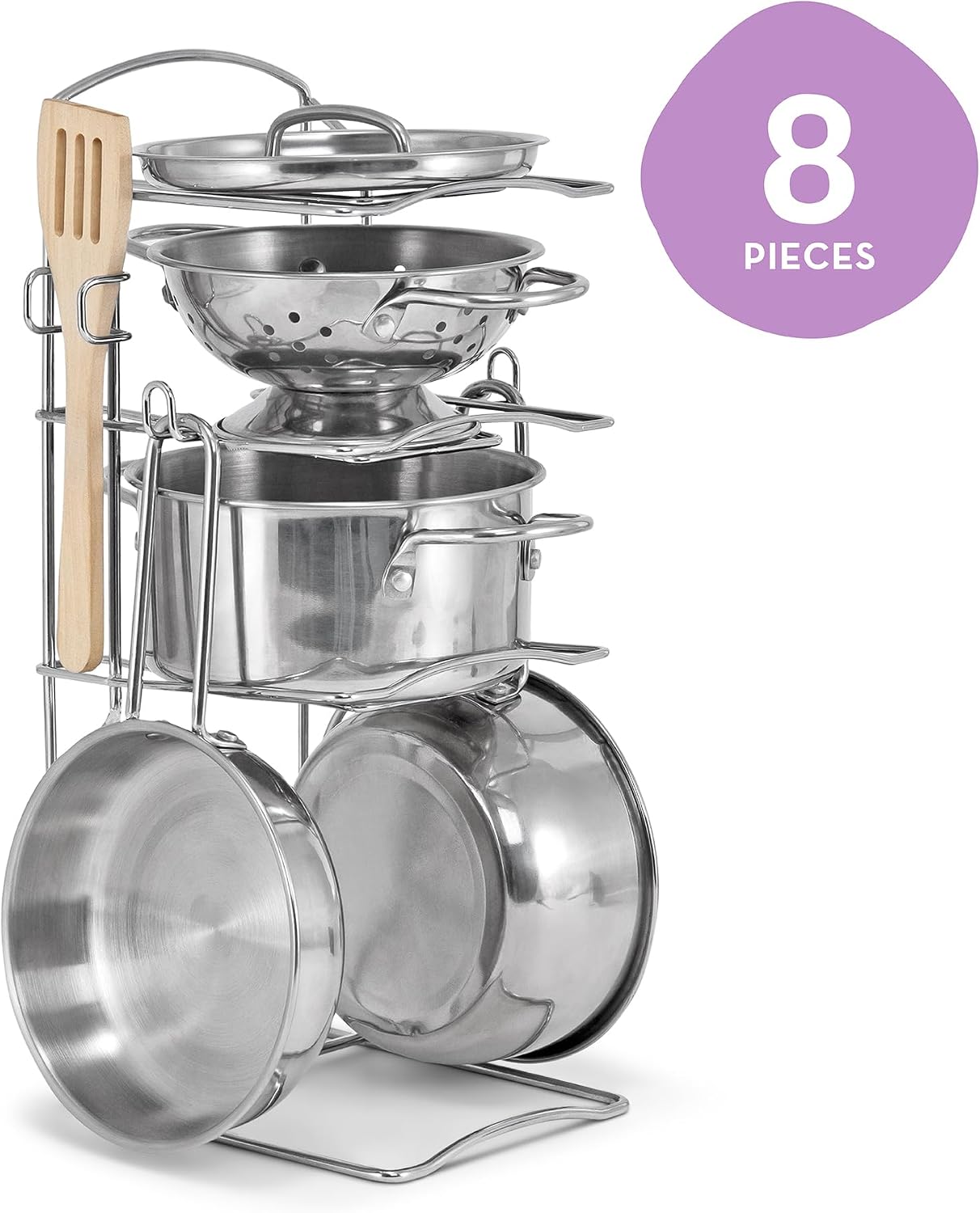 Melissa & Doug Stainless Steel Pots & Pans, 8 Piece Play Kitchen Set, Premium Play Kitchen Accessories & Cooking Utensils, Preschool Toys for Kids 3+