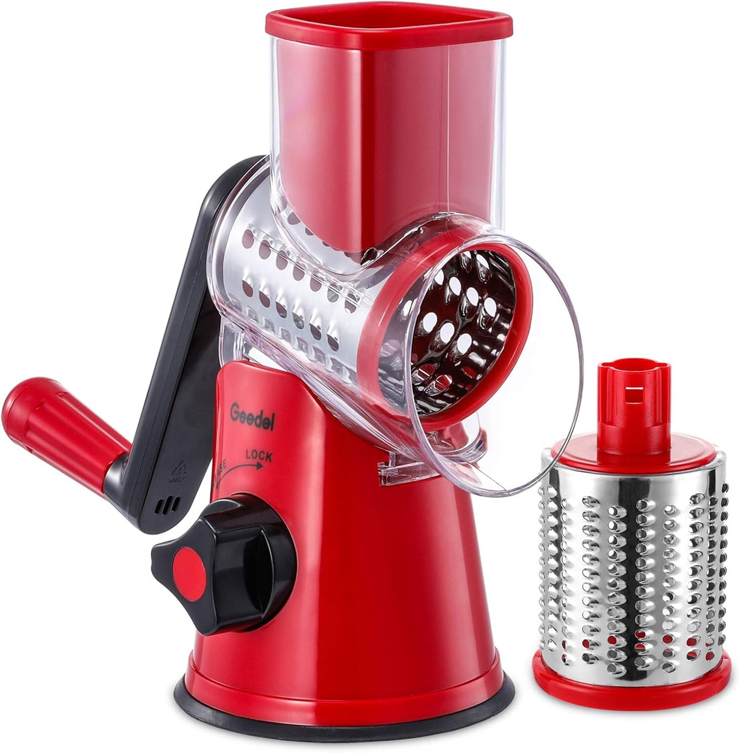 Geedel Rotary Cheese Grater Hand Crank, Cheese Shredder Vegetable Slicer | 3 Blades, 430 Stainless Steel, 12x Fast Cutting, Strong Suction Base, No BPA, Dishwasher Safe, for Cheese, Veggie, Nut
