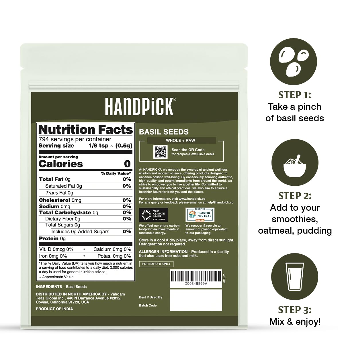 HANDPICK Holy Basil Seeds (397g/14oz) | 2x More Fiber than Chia | Edible Basil Seeds, Gluten free, Raw Sabja, Tukmaria Seeds | Prebiotic | Packed in Resealable Zip Lock Pouch (Packaging may vary)