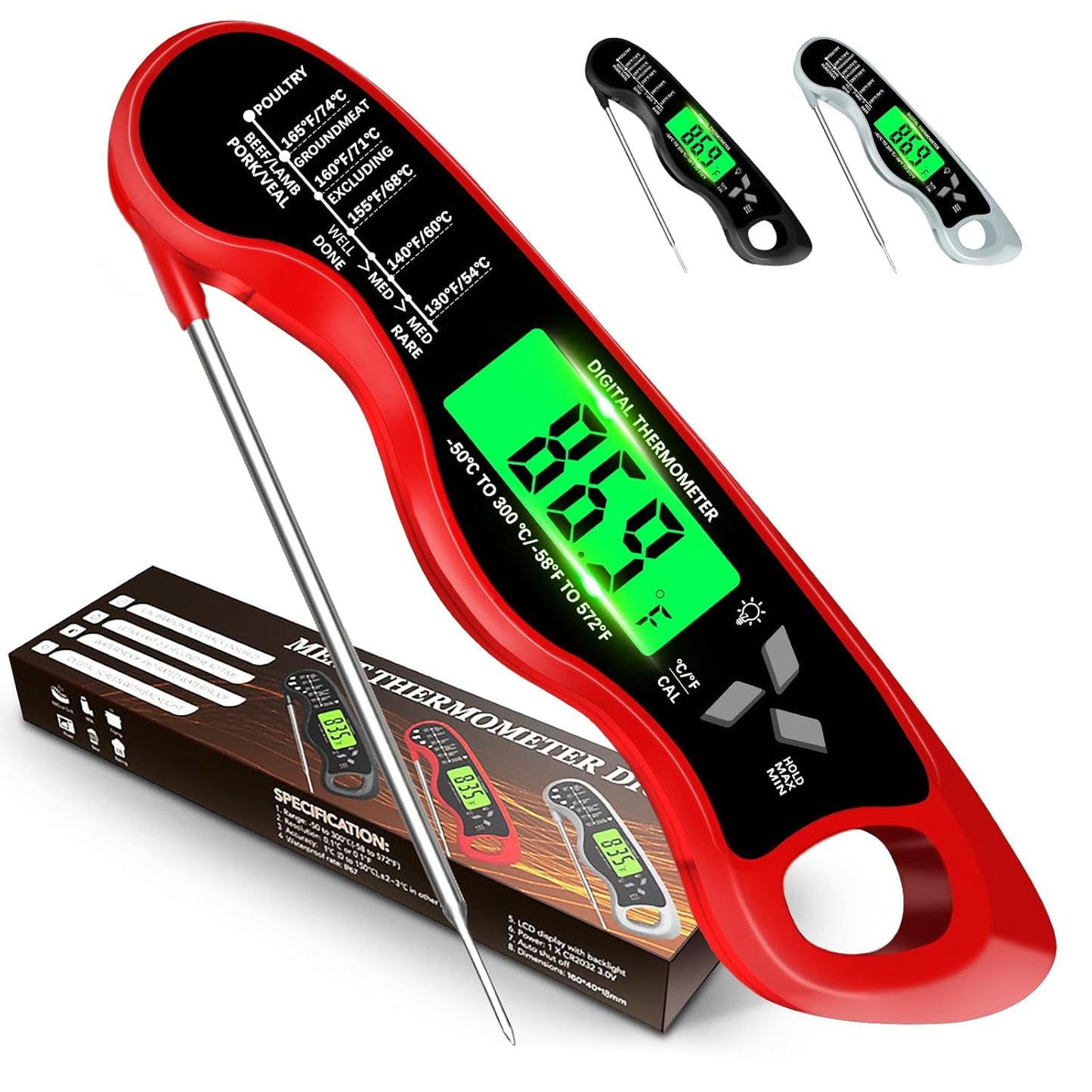 Meat Thermometer Digital,IP67 Waterproof Cooking Thermometer with Backlight, Calibration & Hold Function,Food Thermometer for Cooking,Outdoor Grilling,Suitable as Stocking Stuffers for Men