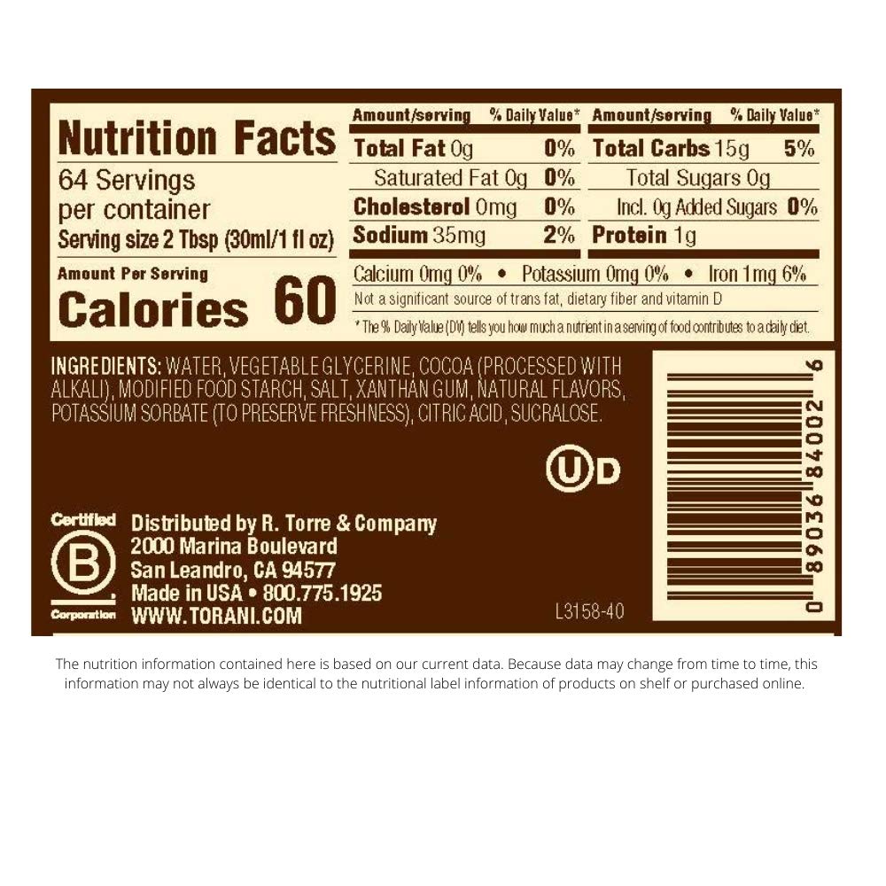 Torani Sugar Free Sauce, Dark Chocolate, 64 Ounces
