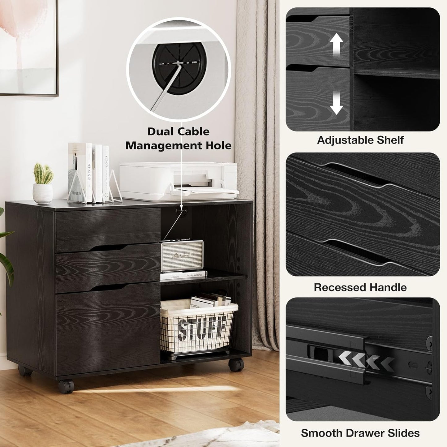 DUMOS Lateral File Cabinet with 3 Drawers Rolling Filing Cabinets Under Desk Storage Printer Stand Wood Organizer with Wheels Adjustable Shelf for Office Home Small Space, Black