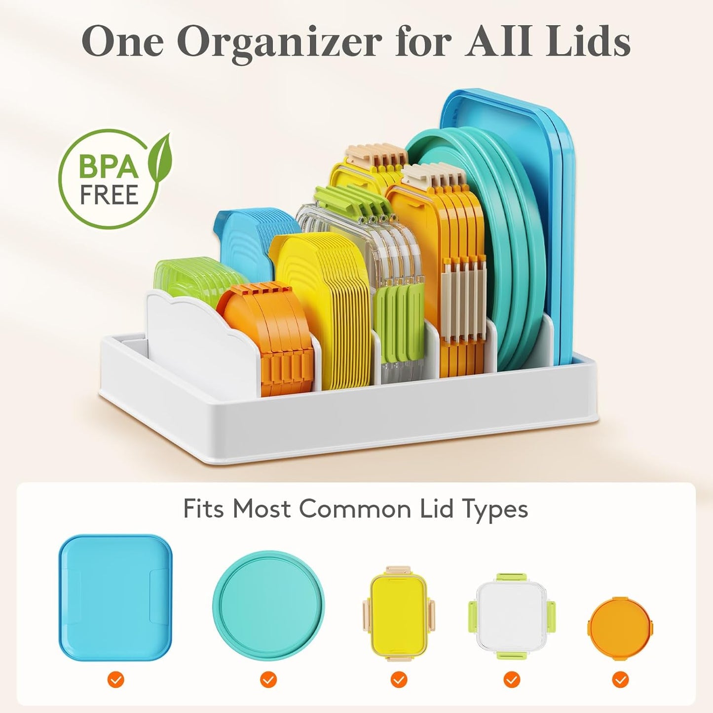 Lifewit Kitchen Cabinet Organizer for Food Contanier Lid, Lid Holder with 6 Adjustable Dividers & 7 Sections for Pantry Organizers and Storage, Home Drawer Organization, Large, 13" x 10"