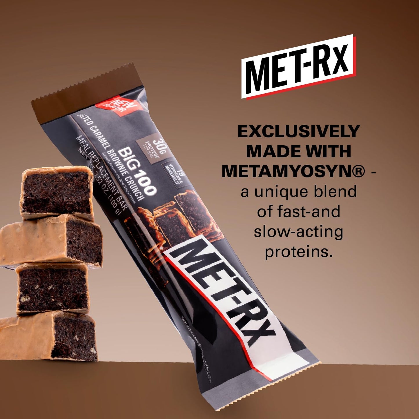 MET-Rx Big 100 Protein Bar, 30G Protein, 9 Count, 3.52 Oz, Salted Caramel Brownie Crunch
