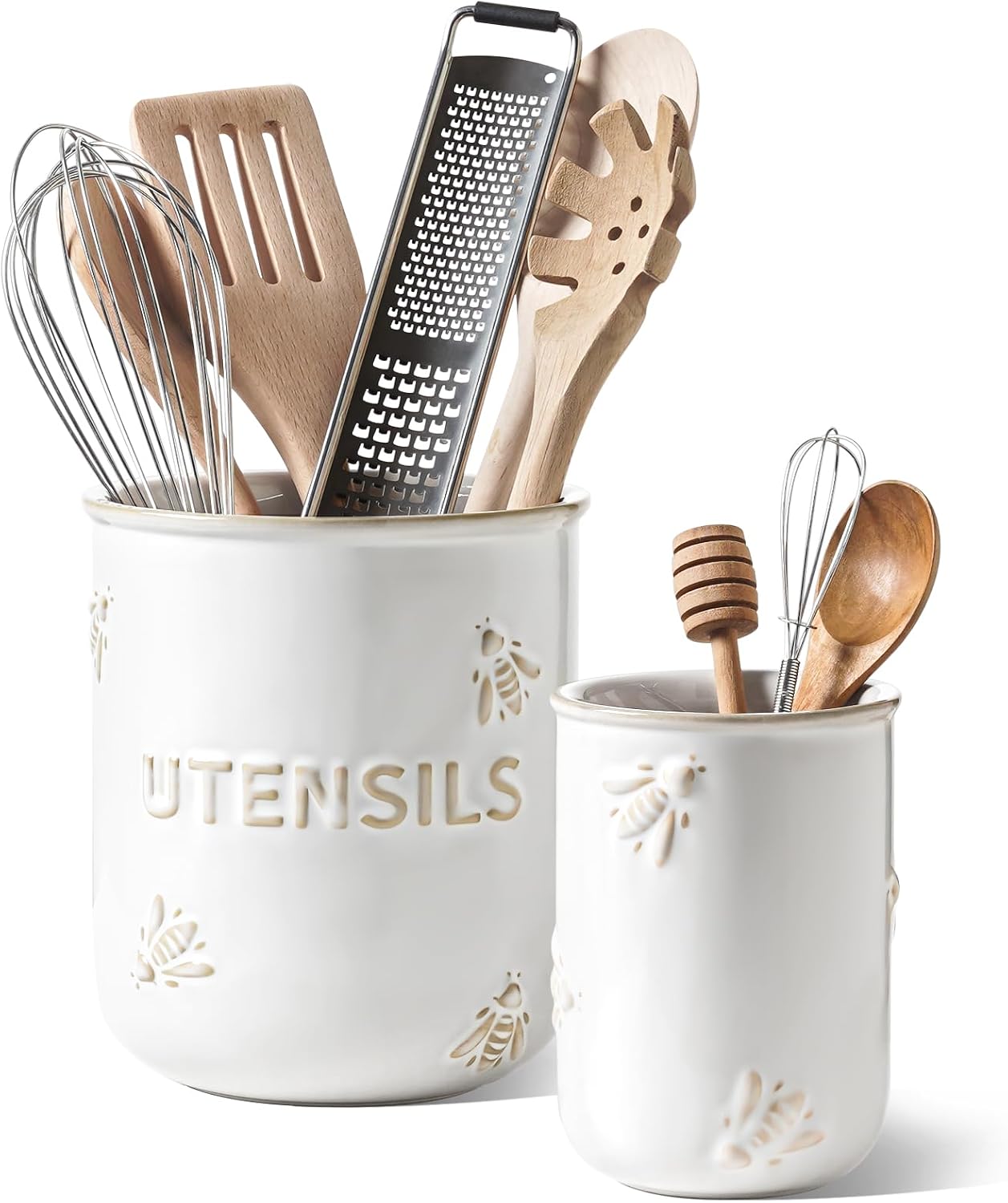 LE TAUCI Kitchen Utensil Holder Set of 2 - 6.9"+5.3" Large Ceramic Cooking Utensil Crock & Organizer for Spatula, Spoon, Whisk - Farmhouse Countertop Storage, Arctic White, Embossed, Bee