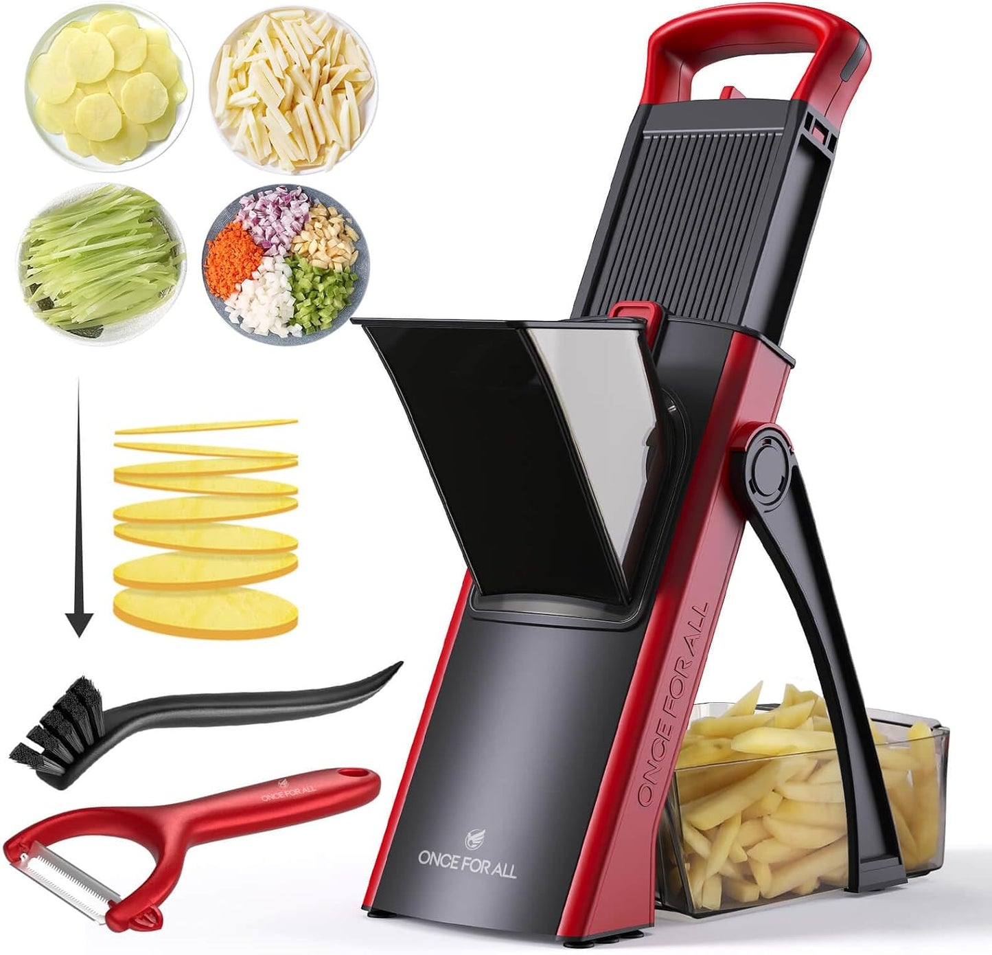 ONCE FOR ALL Upgrade Safe Mandoline Slicer Plus, Bigger Size, SkyBlue | 0.1-8mm Adjustable Vegetable Food Chopper, Potato Fries Cutter, Detachable Blade, Stainless Steel, Dishwasher-safe, Gift