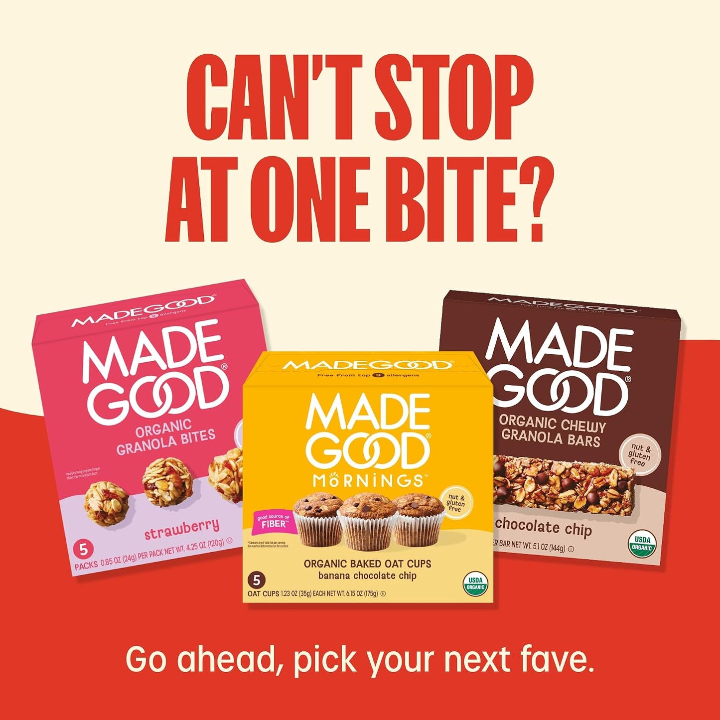 MadeGood Mornings Soft-Baked Oat Bars Variety Pack, 30 count, certified organic, gluten-free, vegan, kosher, non-GMO