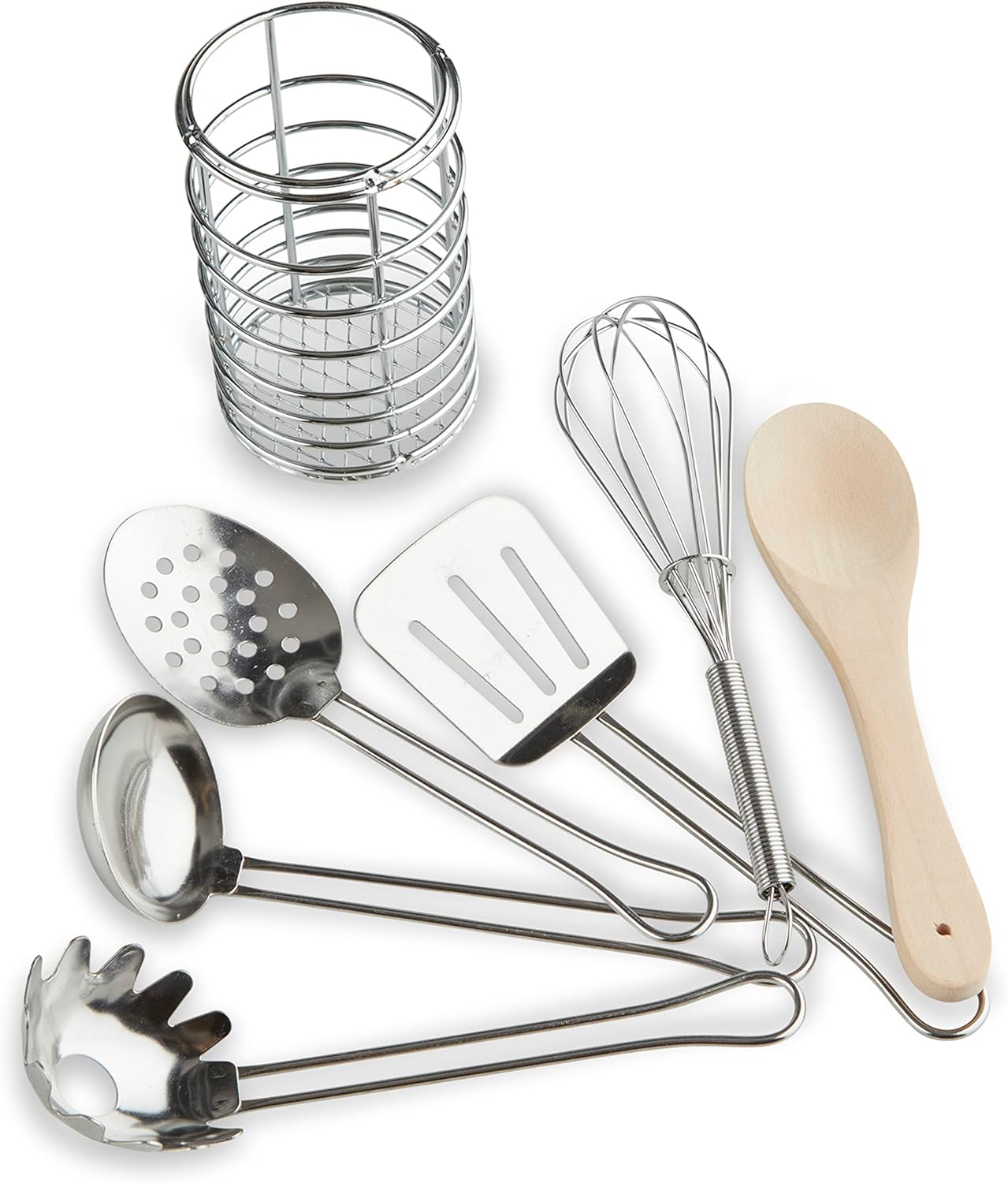 Melissa & Doug Stir & Serve Cooking Utensils (7 pcs) - Stainless Steel & Wooden Play Kitchen Accessories, Preschool Learning Toys for Girls & Boys 3+