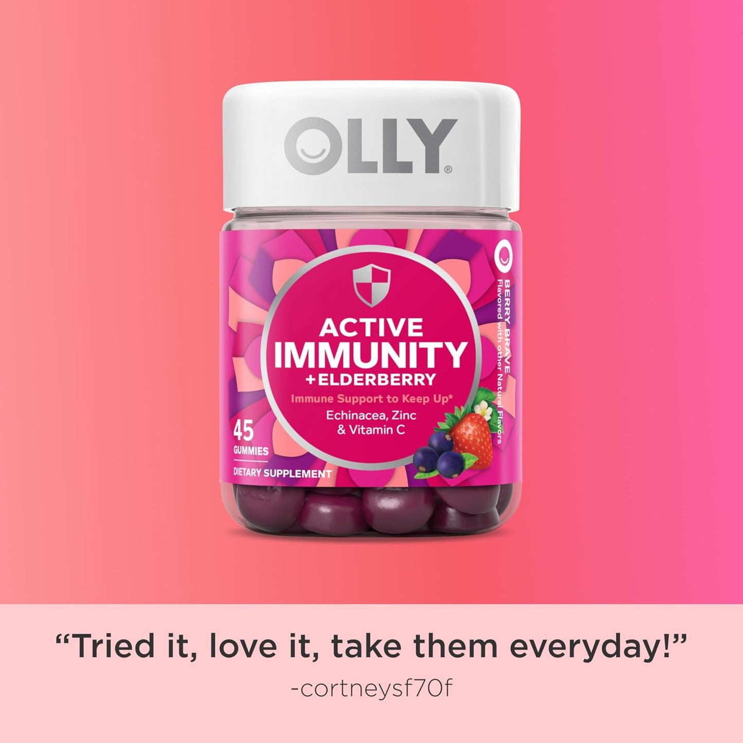 OLLY Active Immunity Gummy, Elderberry, Zinc, Vitamin C, Berry Flavored, 15 Day Supply