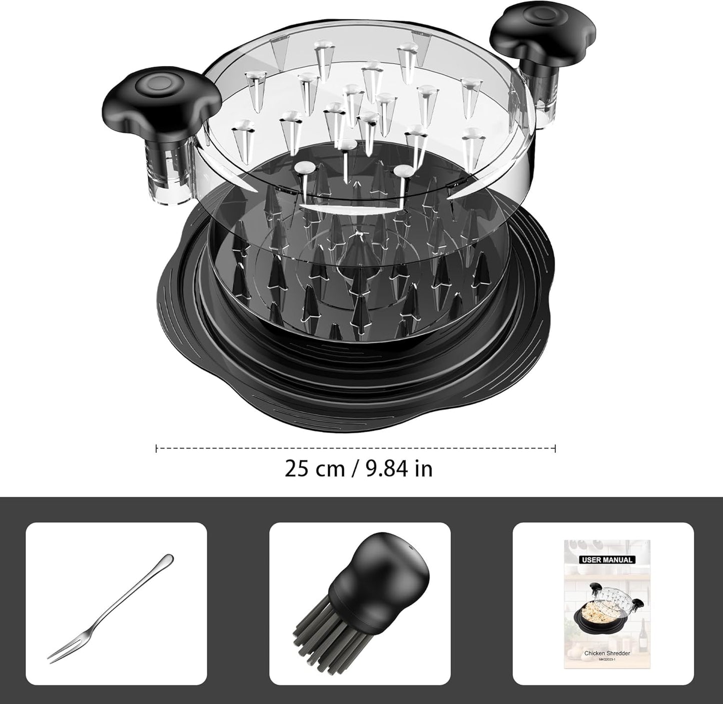 Chicken Shredder Tool Twist Large Meat Shredder with Brush&Fork, Black | Visible Chicken Breast Shredder, Strong Anti-Slip Strip, Ergonomic Handle, BPA Free, Kitchen Gadgets for Pork Beef Chicken