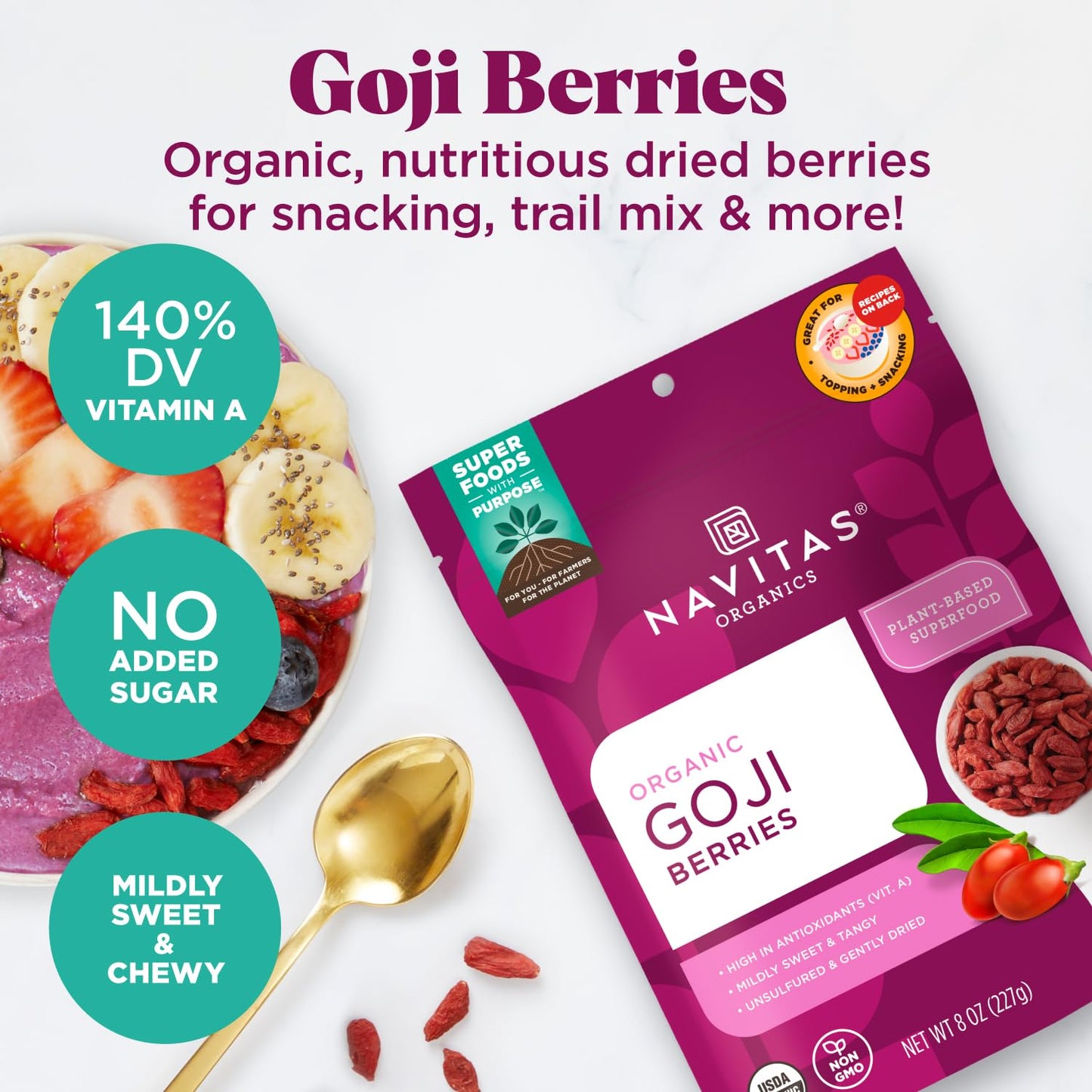 Navitas Organics Goji Berries, 8oz Bag, 8 Servings, USDA Organic, Non GMO, Gluten Free, Vegan