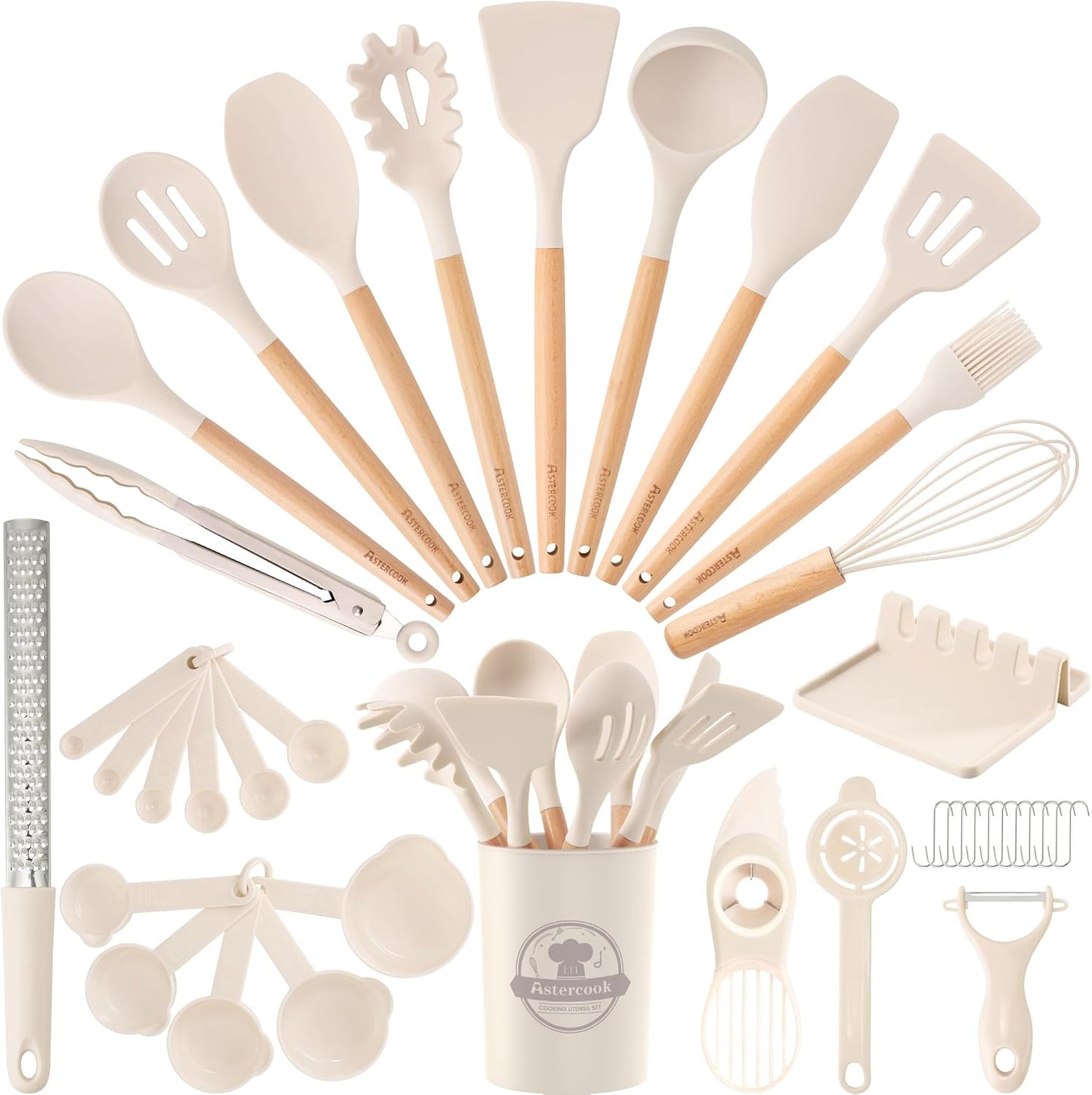 Astercook Kitchen Utensils set, 39 PCS Silicone Cooking Utensils Set with Wooden Handle, 446°F Heat Resistant Food Grade Utensil Sets, BPA Free Kitchen Gadgets Tools Set for Nonstick Cookware (Cream)