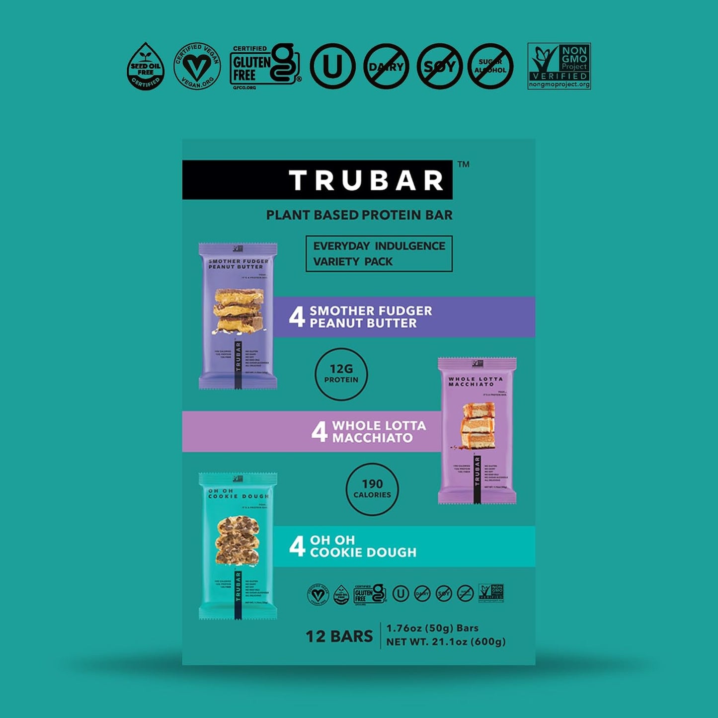 TRUBAR Vegan Protein Bar Variety Pack, Assorted Flavors, 12 CT