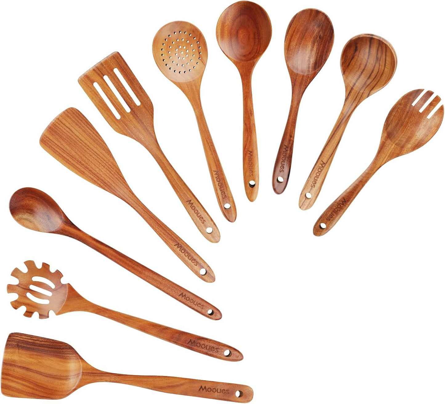 Mooues Wooden Kitchen Utensil Set, 9 Piece Natural Teak with Spoon Rest | Wooden Cooking Utensils with Comfort Grip, Smooth Durable Heat Resistant Cooking Spoons and Utensils Holder for Cooking