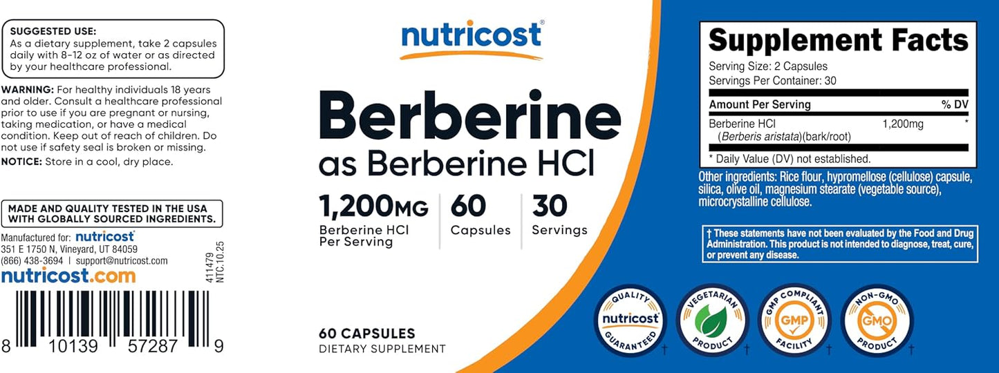 Nutricost Berberine HCl 1200mg , 60 Vegetarian Capsules - Gluten Free & Non-GMO