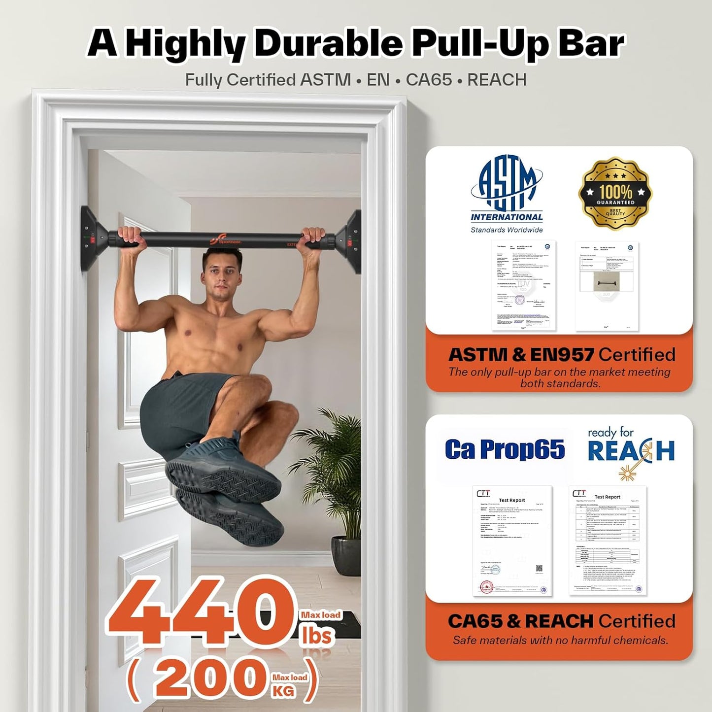 Sportneer Adjustable Pull Up Bar: 29.5-37 Doorway Chin Up Bar, 440lb Capacity