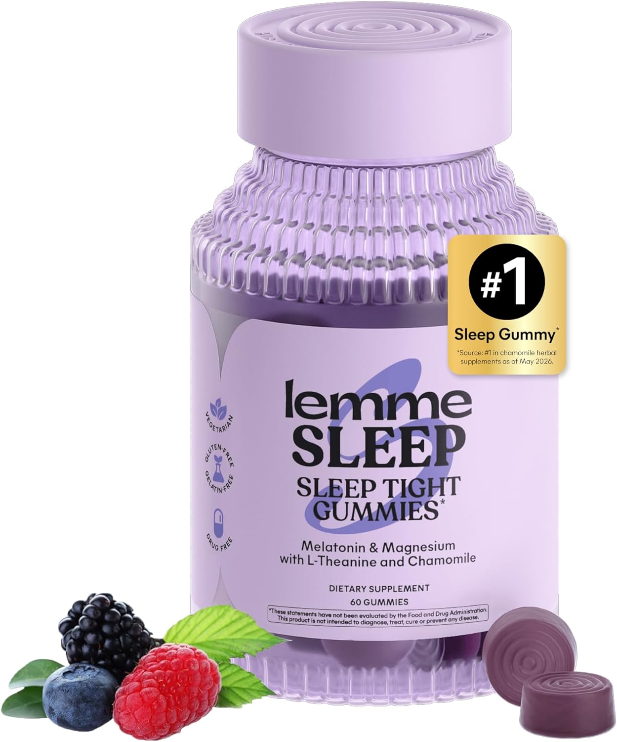 Lemme Sleep Gummies with 5mg Melatonin, Elderberry, Magnesium, L-Theanine, Chamomile and Lavender, Drug-Free Nighttime Sleep Aid, Gluten Free, Gelatin Free, Non GMO, Berry Flavored (60 Count)