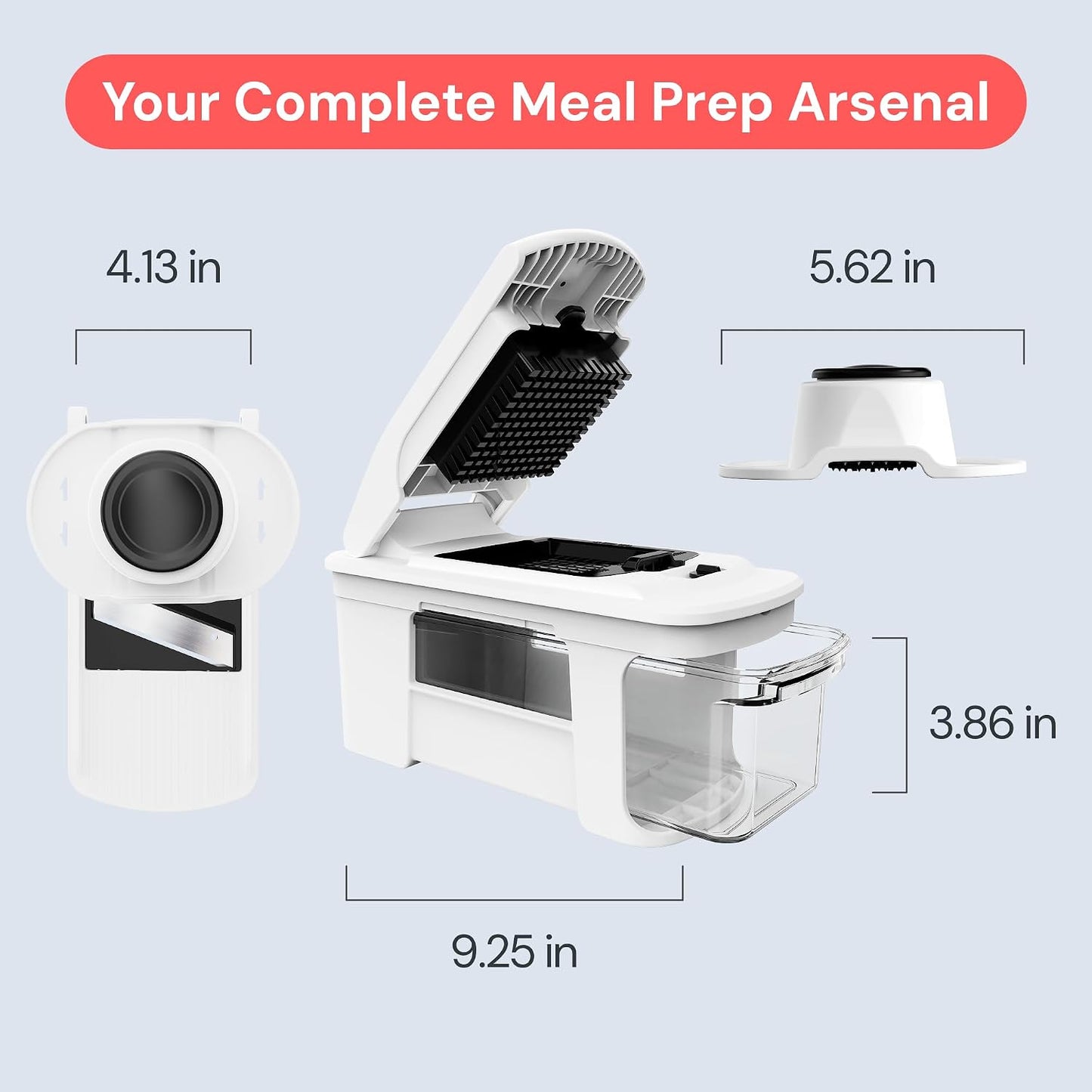 Fullstar Pro XL Vegetable Chopper & Mandoline Slicer w Pull-Out Catch Tray | 4 in 1 Veggie, Onion & Fruit Slicer, Dicer & Grater with Sharp Stainless Steel Blades - XL Food Prep Set (White)