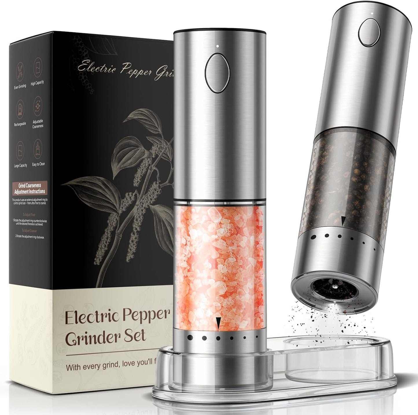 Electric Salt and Pepper Grinder Set Automatic Battery Pepper Mill Shakers Adjustable Coarseness Upgraded Larger Capacity with Led Home and Kitchen Appliances Birthday Gifts for Women Men