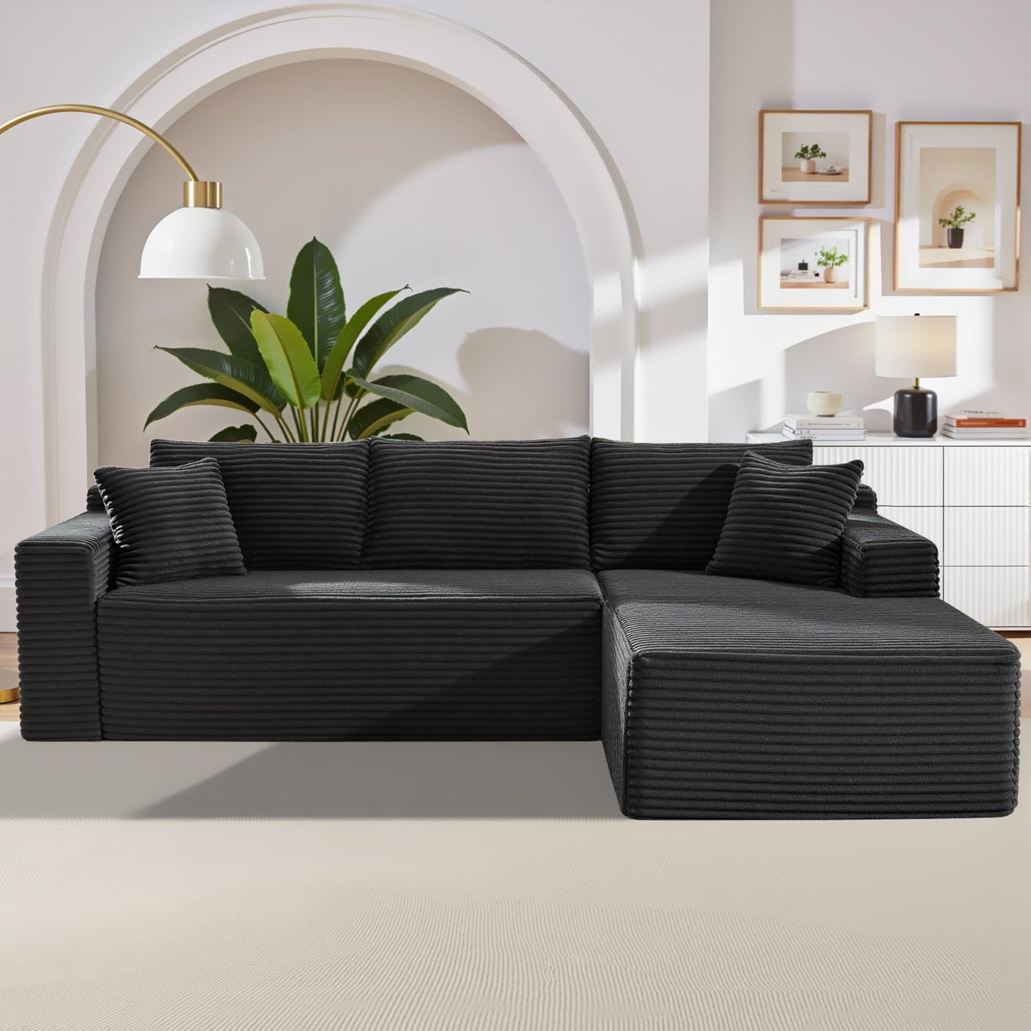 Cloud Sectional Couch,105 Inch Modular Sectional Sofa with Deep Seat,Modern Corduroy Boneless Couches with L-Shape Chaise for Living Room Bedroom,No Assembly Required (Black, Right Facing Chaise)