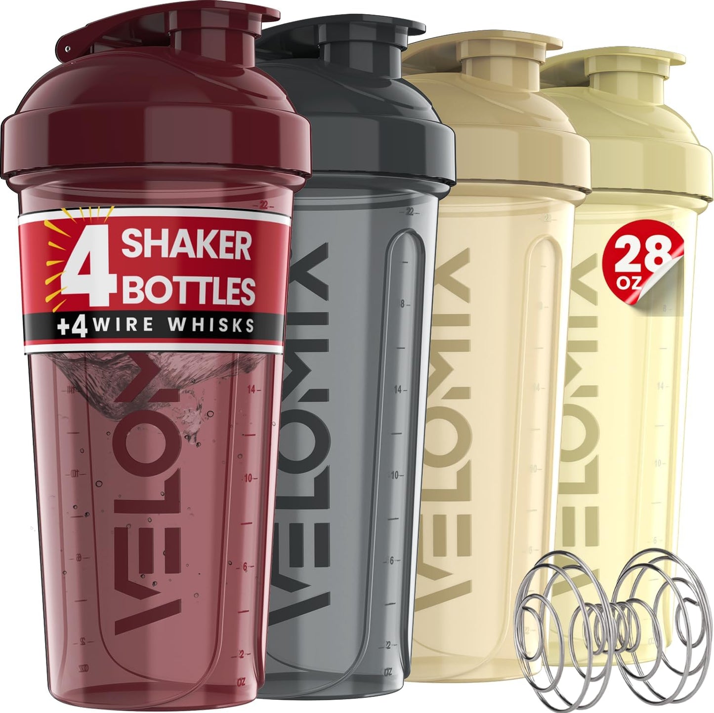 VELOMIX 28oz Protein Shaker Bottles - 4 Pack, Leak Proof