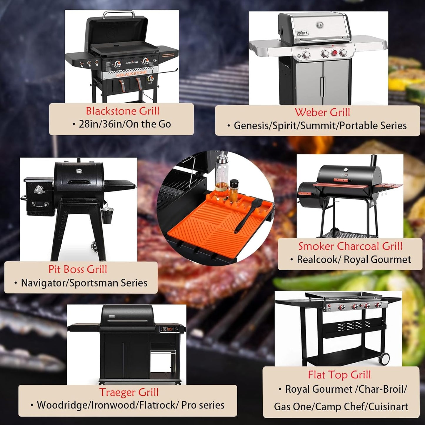 Find law Silicone Tools Mat for Griddle & Kitchen Countertop | Orange Side Shelf Spatula Mat with Drip Pad for Blackstone Weber Traeger Pit Boss Flat Top Grill Smoker, BBQ Gifts for Men