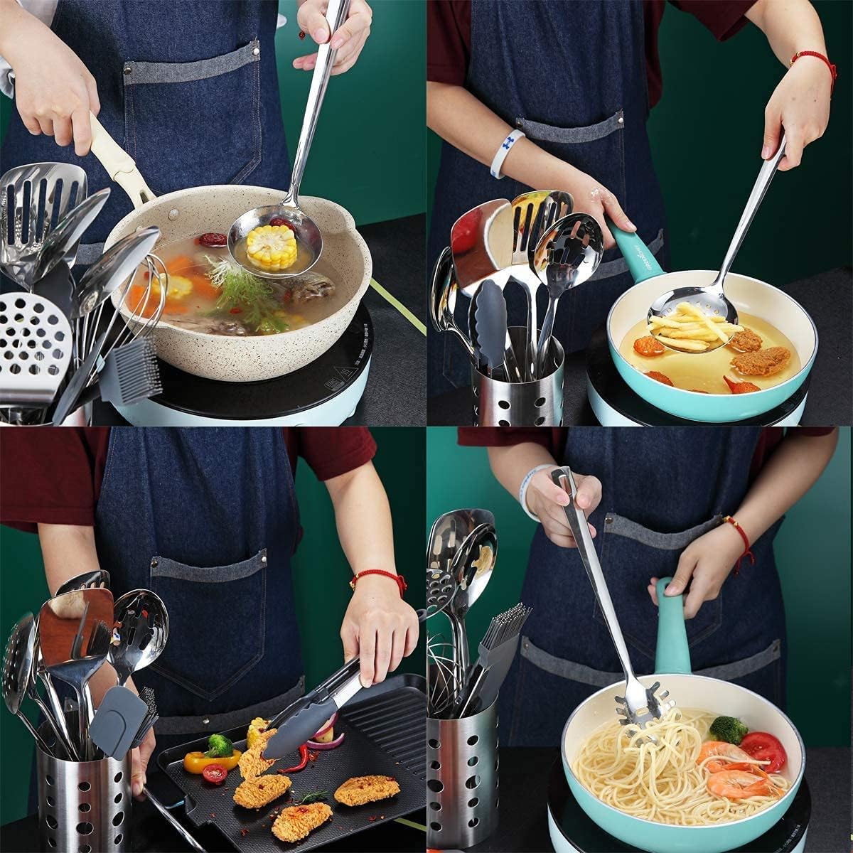 Stainless Steel Cooking Utensils Set, Berglander 13 Pieces Kitchen Utensils Set, Kitchen Tools Set With Utensil Holder Non-Stick And Heat Resistant,Dishwasher Safe, Easy to Clean (13 Packs)