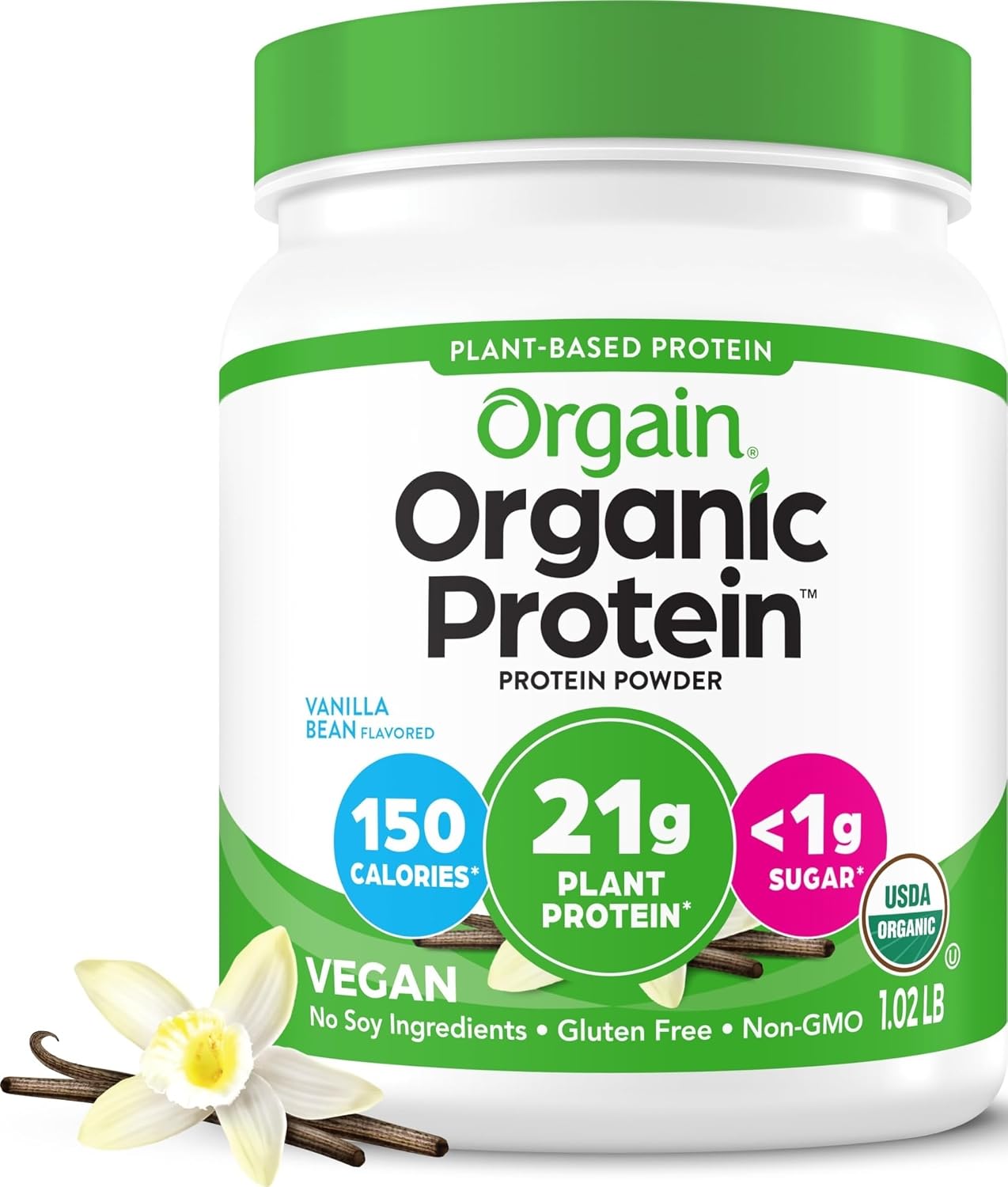 Orgain Organic Vegan Protein Powder, Creamy Chocolate Fudge - 21g Plant Protein, 7g Prebiotic Fiber, Low Net Carb, No Lactose Ingredients, No Added Sugar, Non-GMO, For Shakes & Smoothies, 1.02 lb