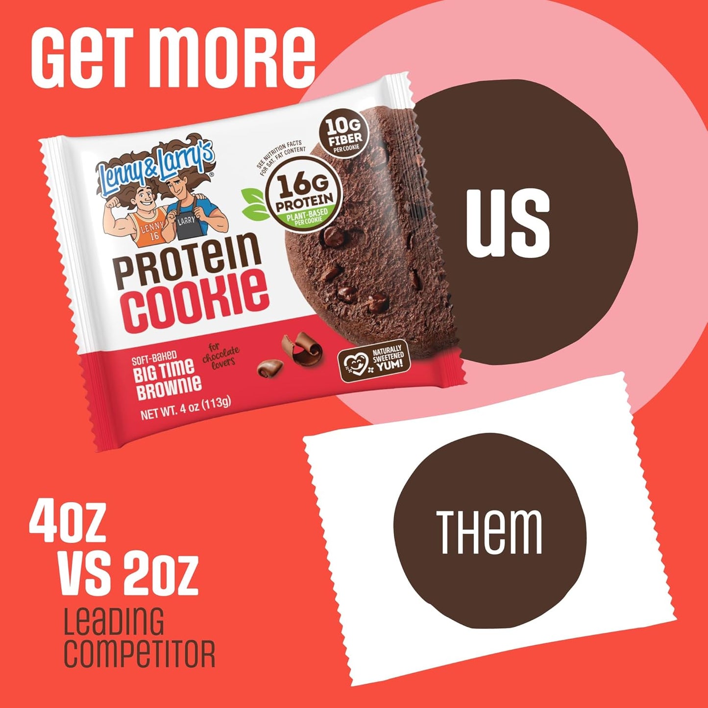 Lenny & Larry's Protein Cookie, Big Time Brownie, 16g Plant Protein, 10g Fiber, Soft-Baked, Vegan, Non-GMO, 4oz, Pack of 12