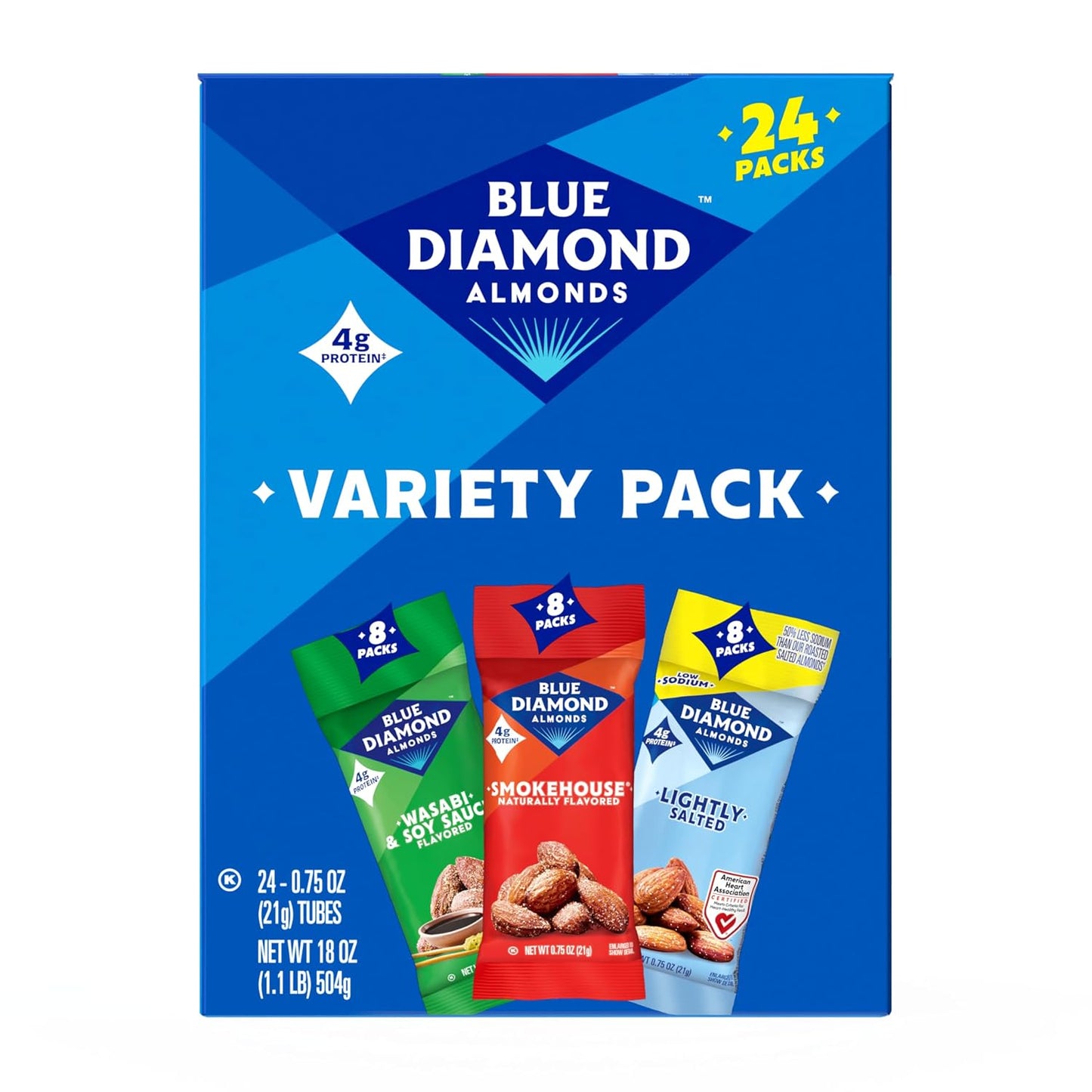 Blue Diamond Almonds Snack Variety Pack, 24 Count, 0.75 oz Individual Gluten Free Packs, Kids, Office, School, On-the-go