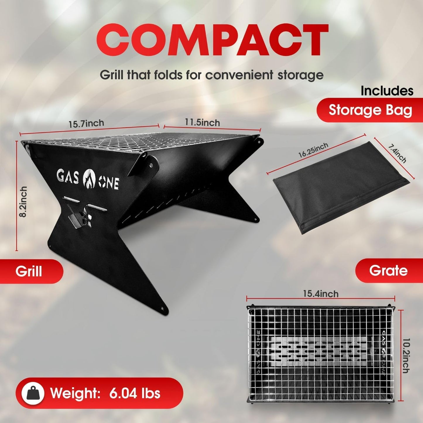 GasOne 15” Portable Charcoal Grill – Foldable BBQ Grill – Camping Grills for Backyard, Bonfire, Patio – Heavy-Duty Portable Fire Pit – Camp Cooking Gear