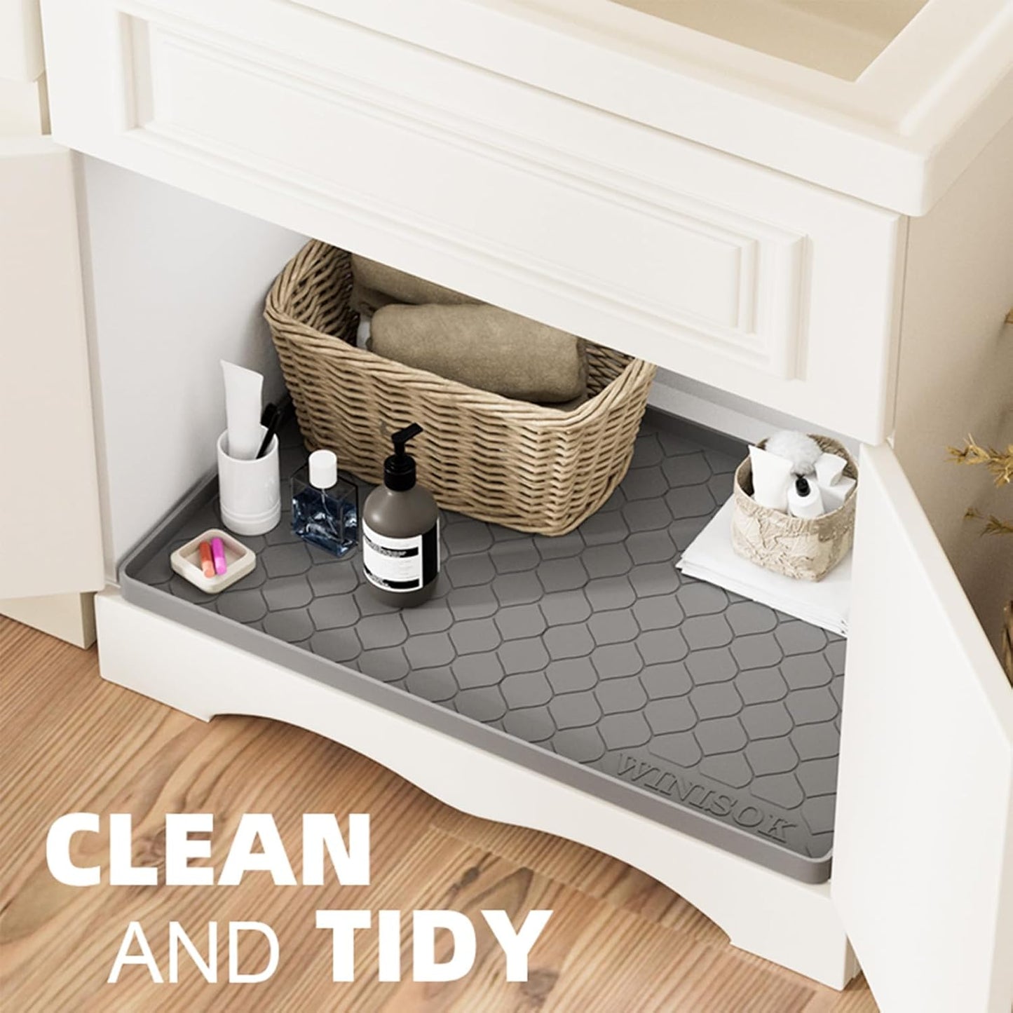 Winisok Waterproof Under Sink Mat 34" x 22", Silicone Mat, Beige | Raised Edge Traps Spills & Leaks, Shelf Liner, Cabinet Protector, for Kitchen, Bathroom, Boots, Pets, Home Essentials