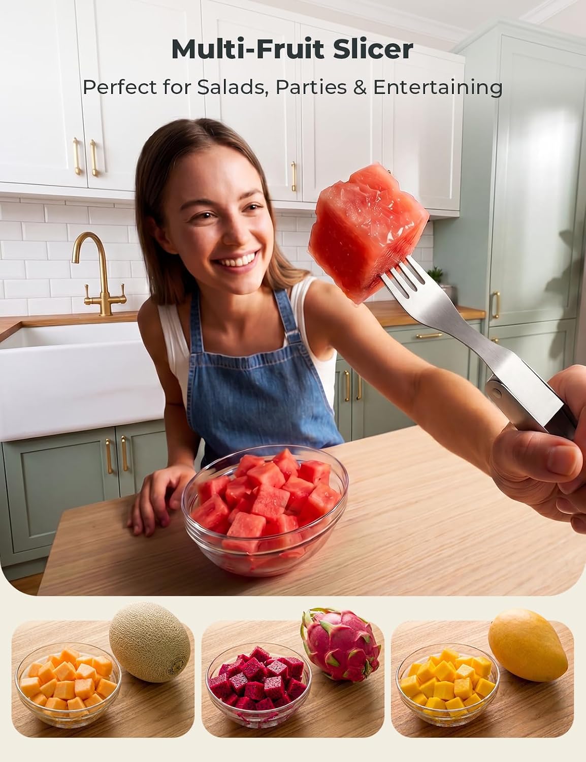 CripsTaste Watermelon Cutter Slicer Tool Stainless Steel Watermelon Fork | 2-in-1 Watermelon Fork Slicer Retractable Fork & Dual Blades for Easier Cutting, Fruit Cutter Slicer for Kitchen Gadget Party