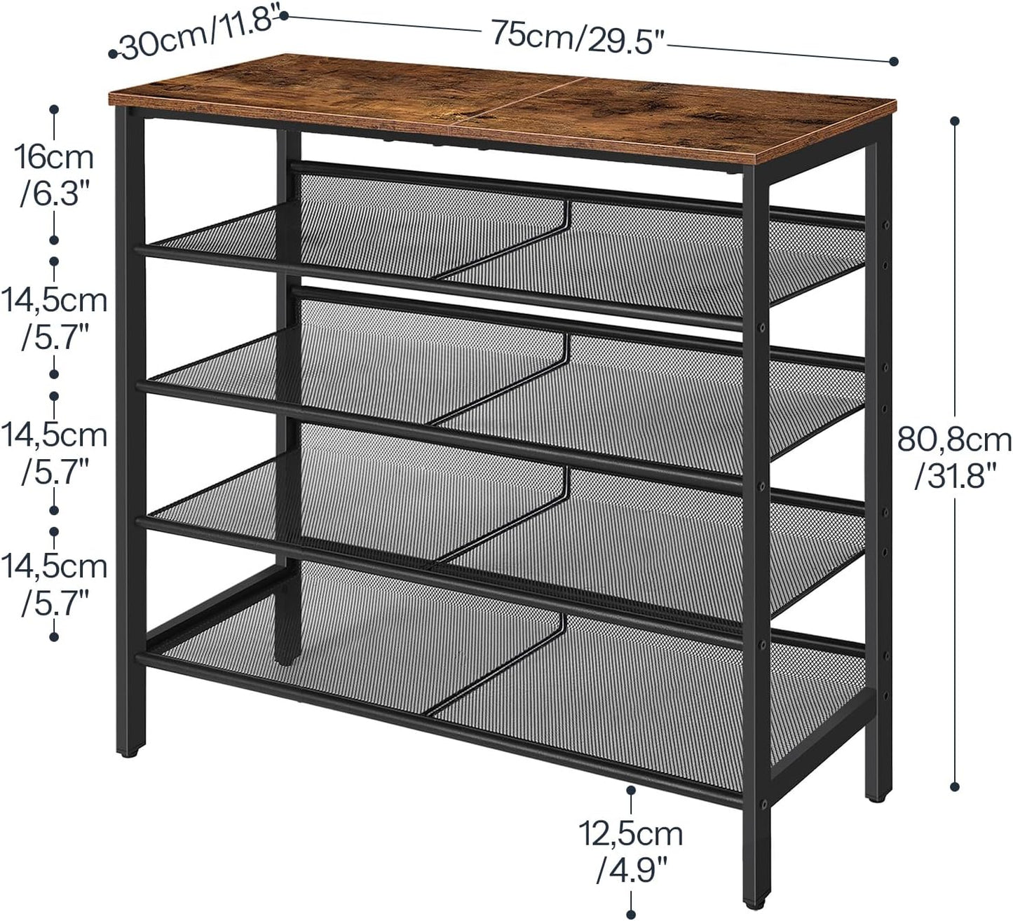 HOOBRO Shoe Rack for Entryway, 5-Tier Shoe Organizer with Adjustable Mesh Shelves, 16-20 Pairs of Shoes, Spacious Floor Mount, Metal, Industrial, Shoe Shelf for Closet, Rustic Brown BF12XJ01